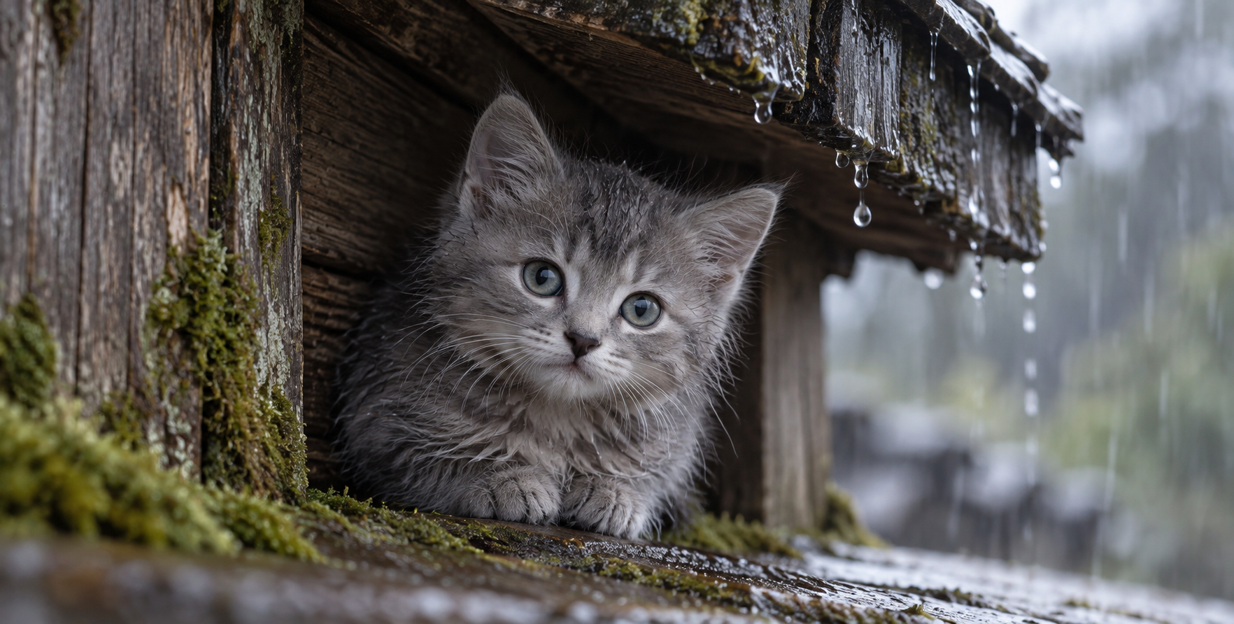 青苔木檐下避雨的灰色小猫 — AI image creation