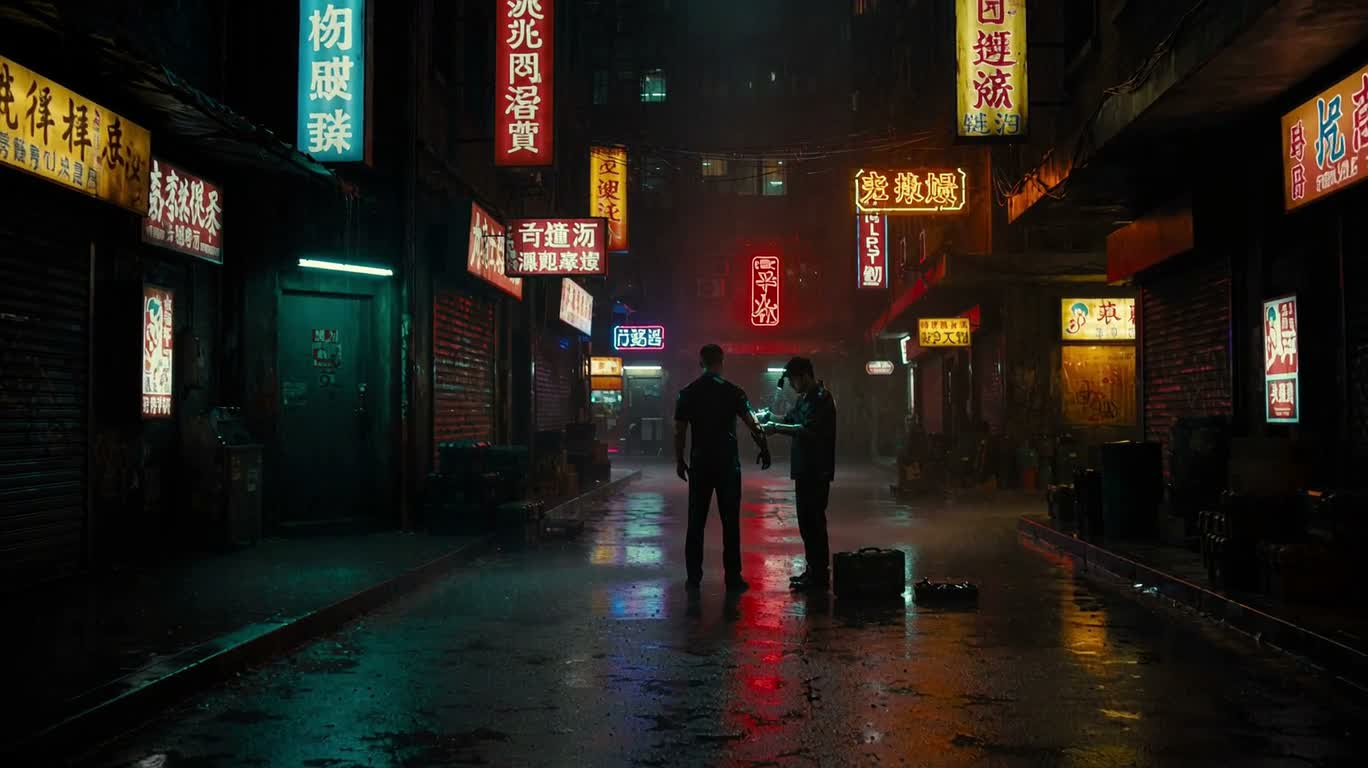 霓虹雨巷中的机械修复 — AI video creation