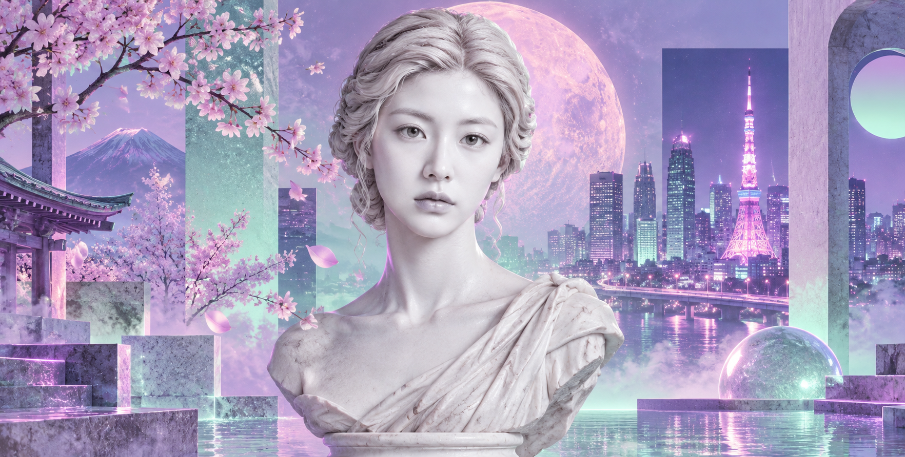Tác phẩm điêu khắc cổ điển và ảnh ghép vaporwave Tokyo