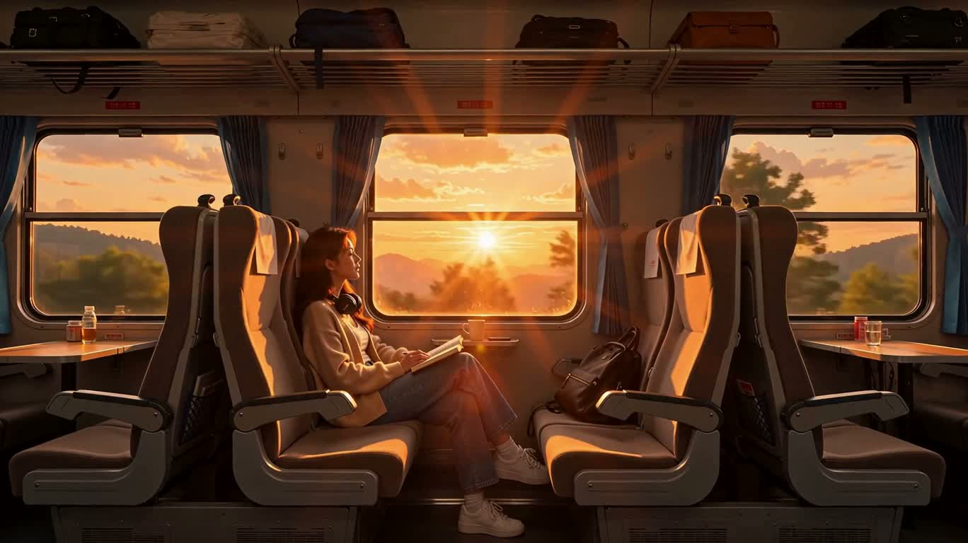 Un voyage paisible dans le train du crépuscule — AI video creation