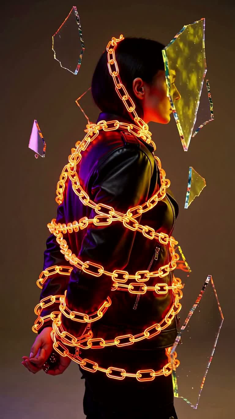 霓虹锁链的数字拼贴肖像 — AI video creation