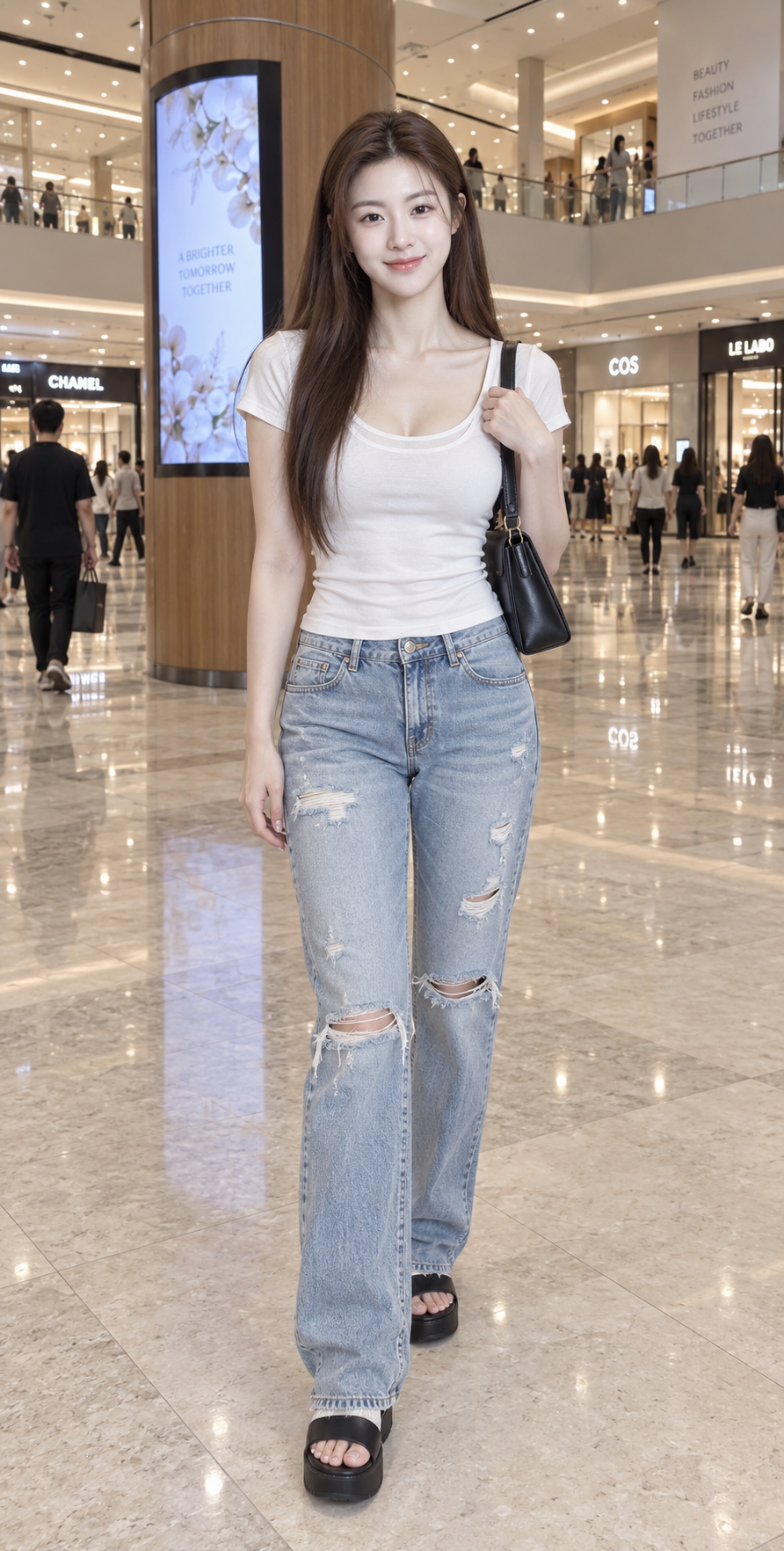 Ảnh toàn thân phong cách đường phố của phụ nữ Đông Á thời trang trong trung tâm thương mại hiện đại