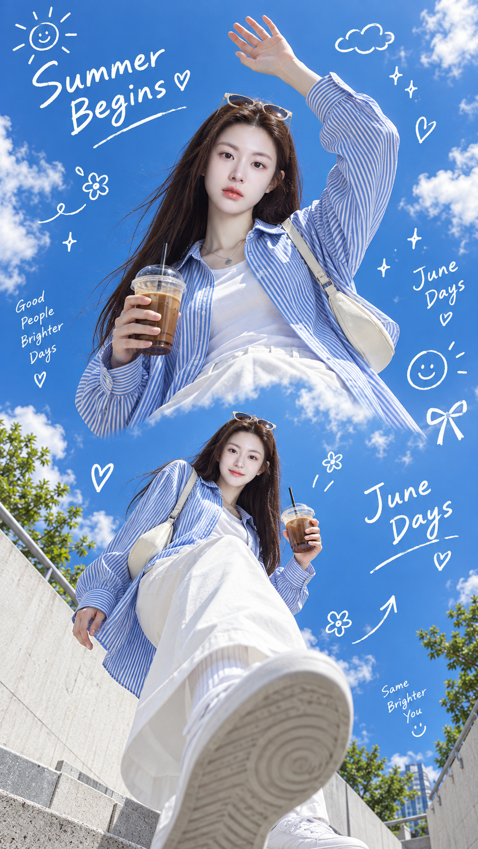 蓝白夏日主题成年女性无缝双视角拼贴 — AI image creation