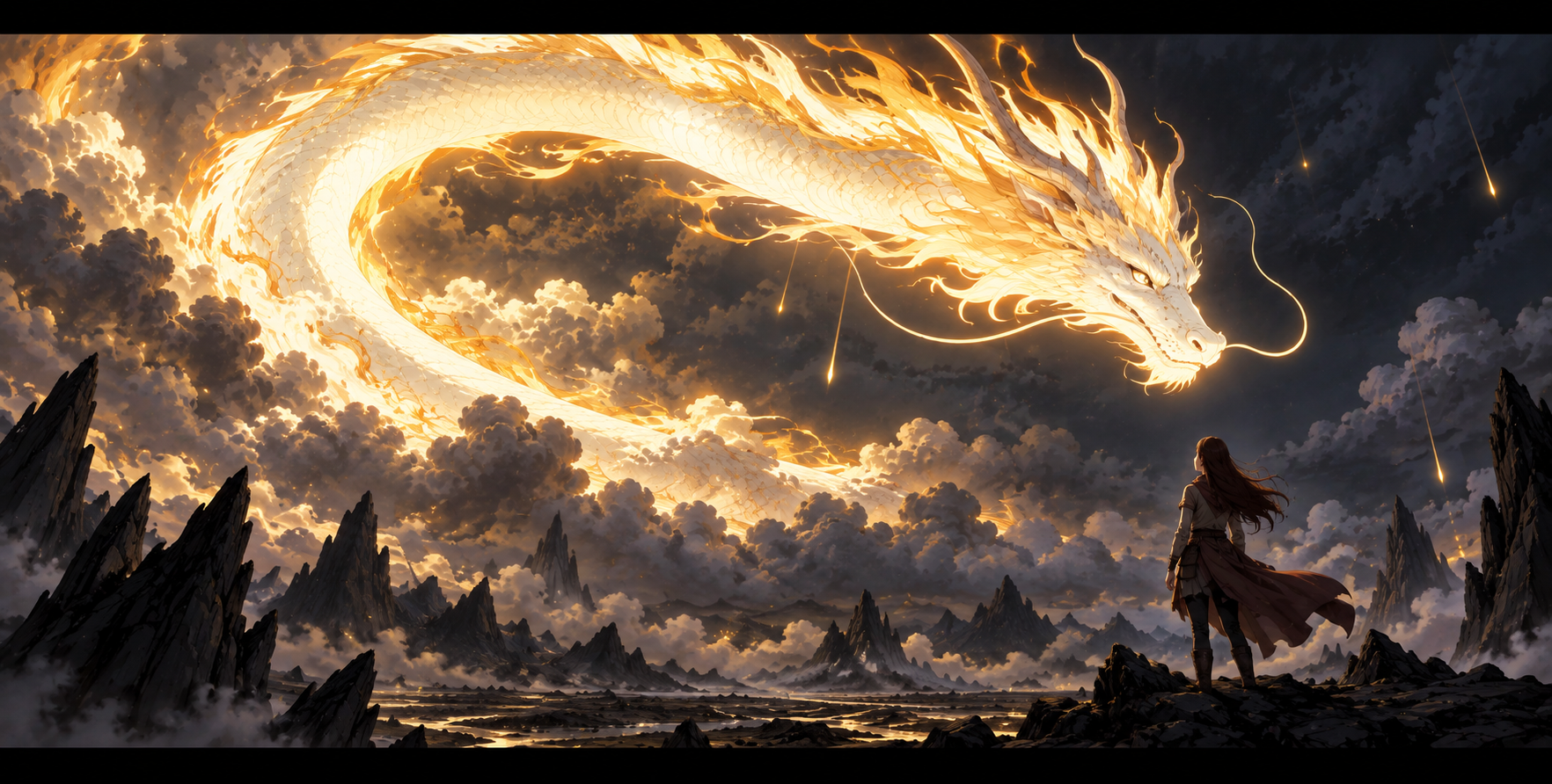 荒原上空的巨型能量龙与成年旅人 — AI image creation