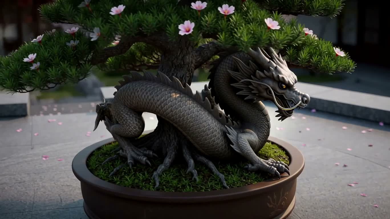 Dragon-Shaped Trunk Bonsai with Flowers and Leaves