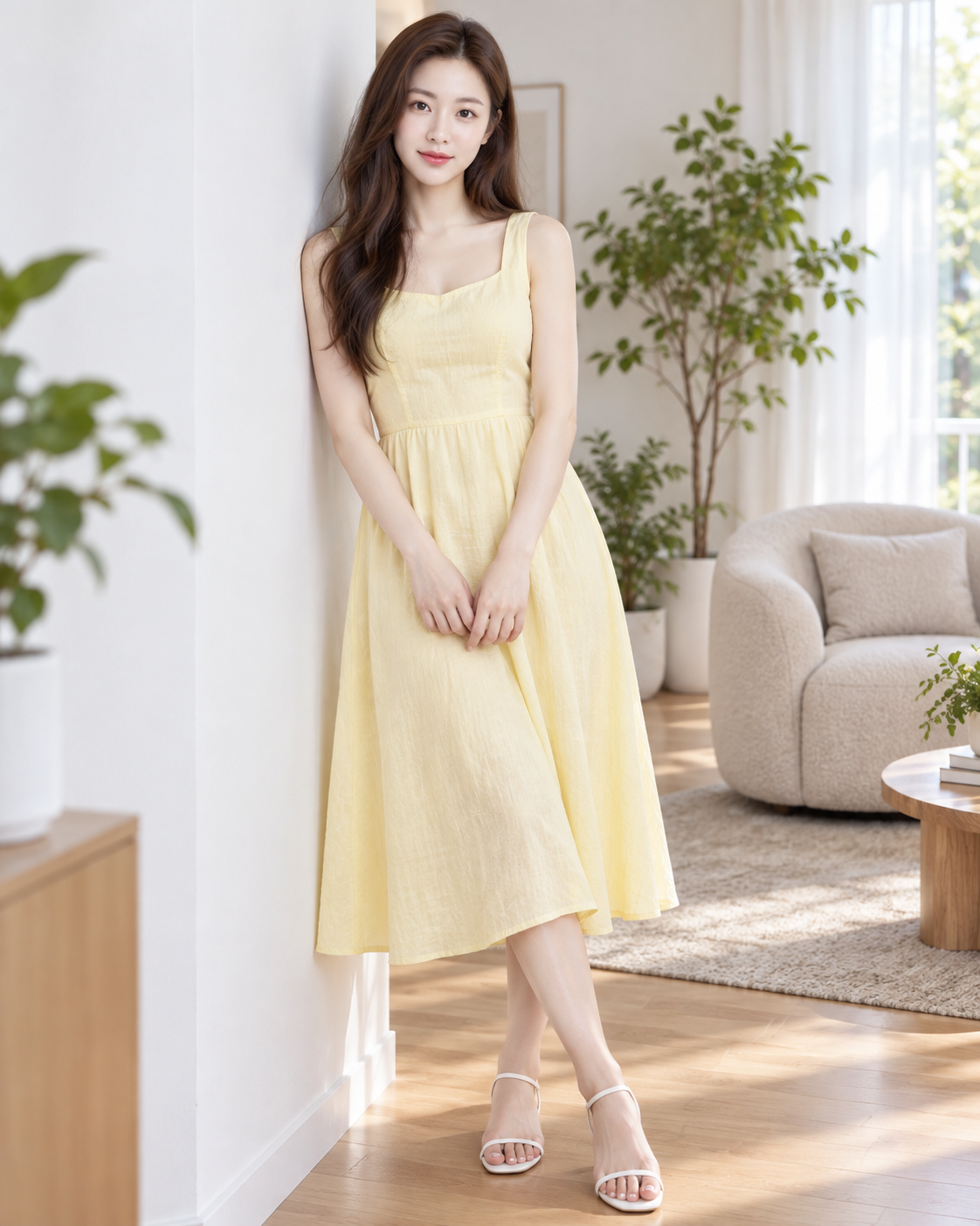 柔和日光下淡黄色夏日连衣裙的成年女性肖像 — AI image creation