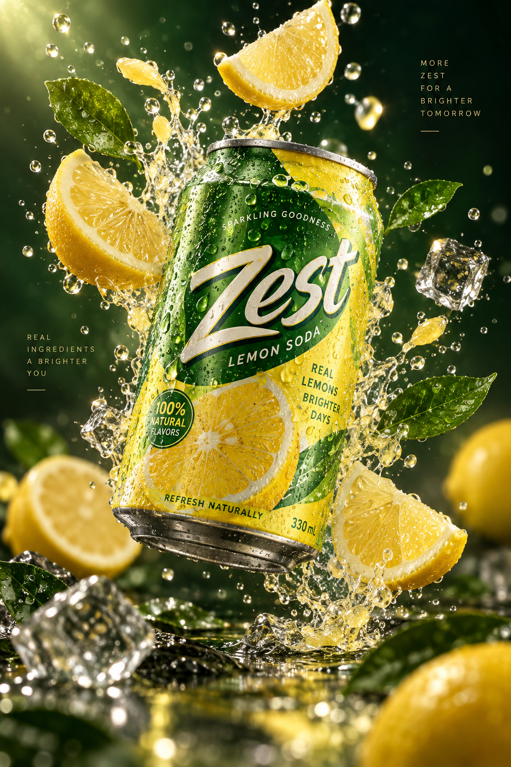 晶莹剔透冰爽柠檬苏打水爆发瞬间超高清商业摄影 — AI image creation