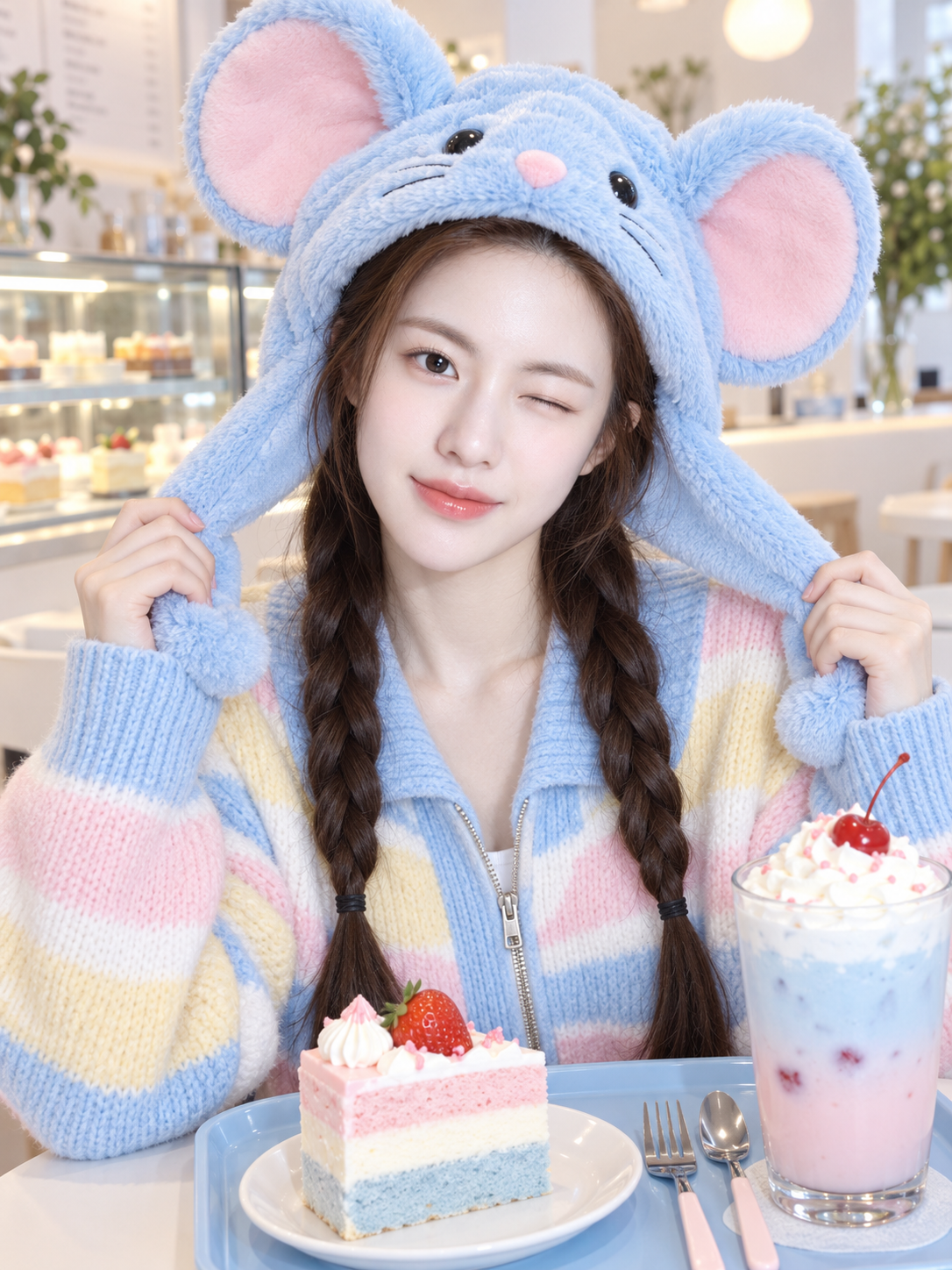 Portrait selfie mignon dans un café pastel