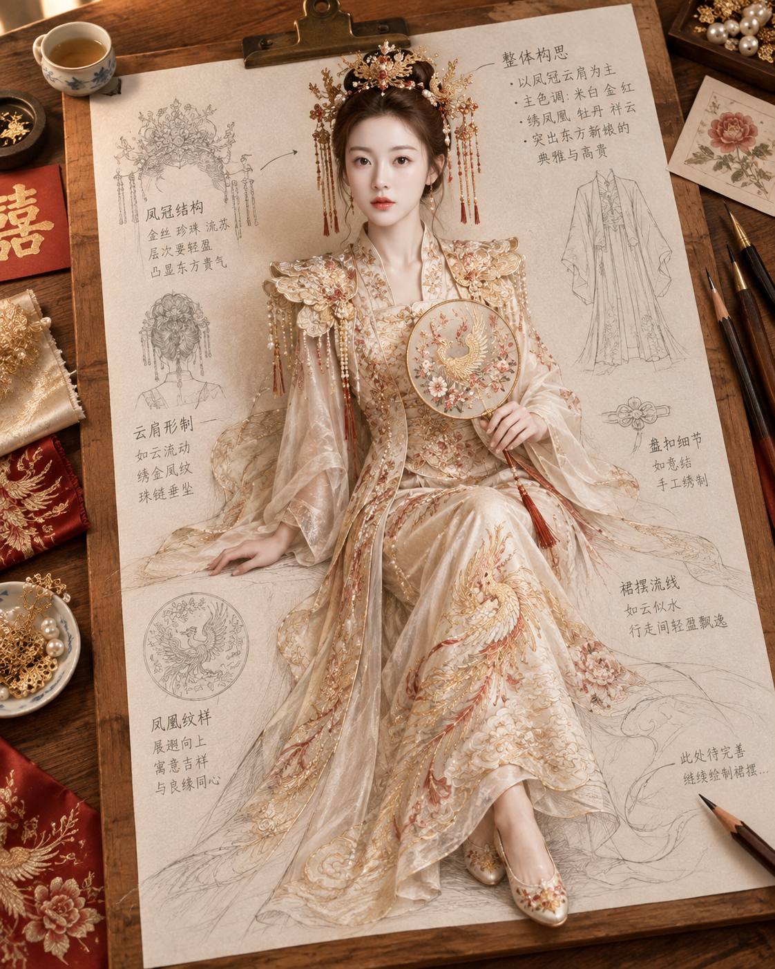 纸上成真东方嫁衣写实新娘设定稿 — AI image creation