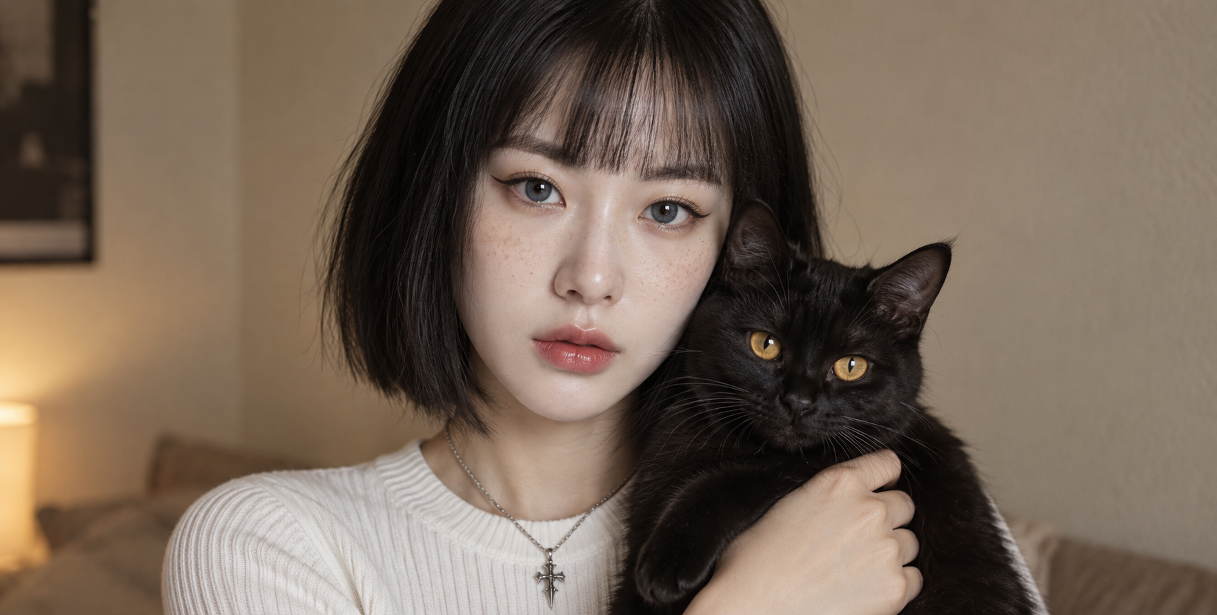 暖光室内的雀斑女性与黑猫静谧肖像 — AI image creation