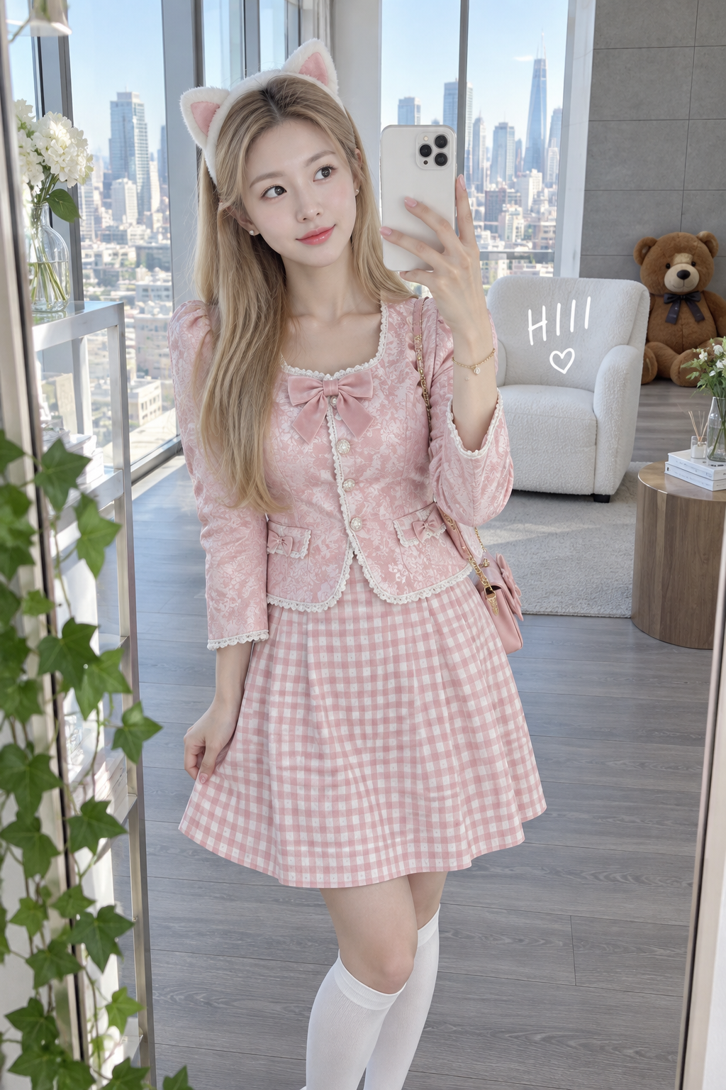 镜中粉嫩猫耳成人女性的俏皮自拍时刻 — AI image creation