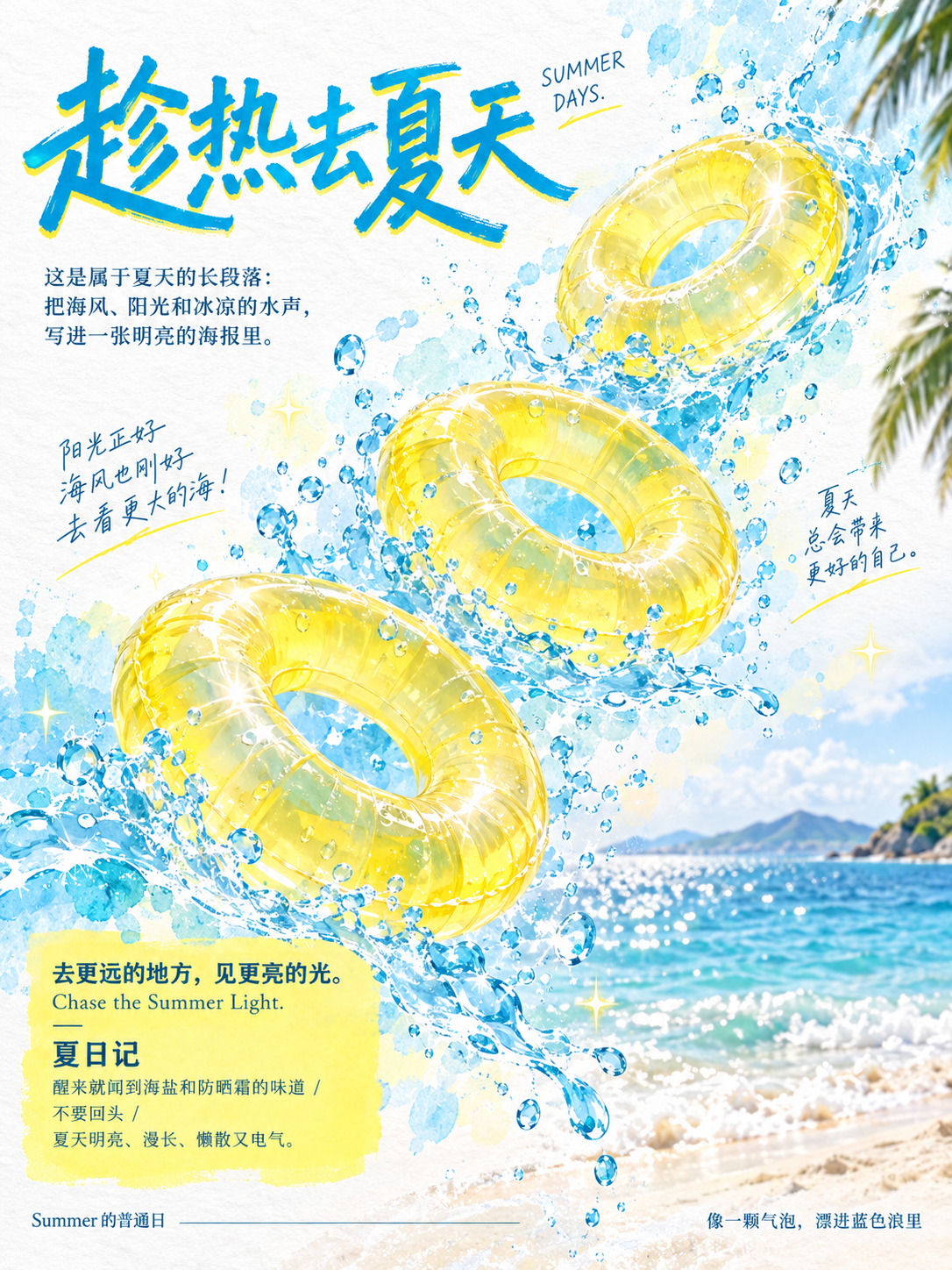 高级夏日活动海报黄色游泳圈蓝色水彩浪花 — AI image creation