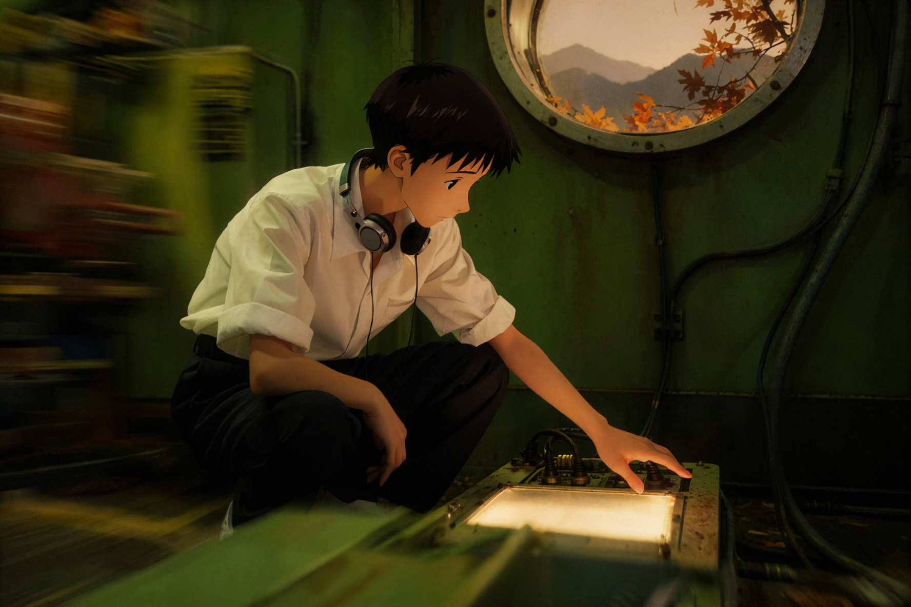 Shinji Ikari · Bảo trì cửa sổ tàu · Lia máy phơi sáng chậm