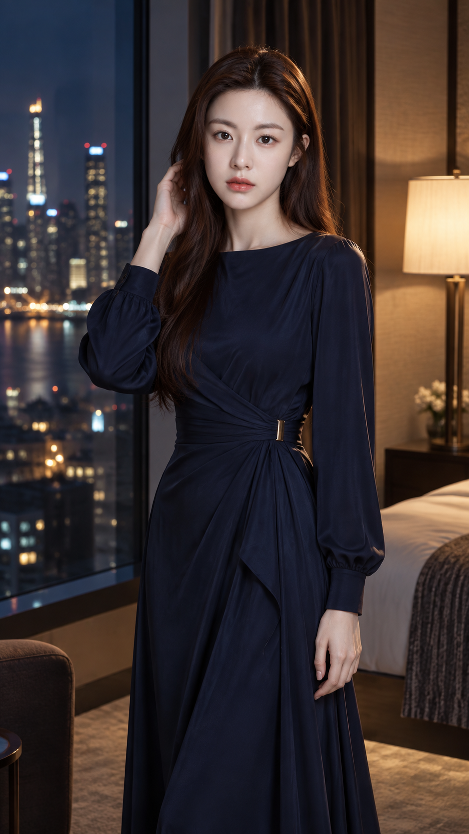 夜色酒店窗边的成年女性蓝色礼服电影肖像 — AI image creation