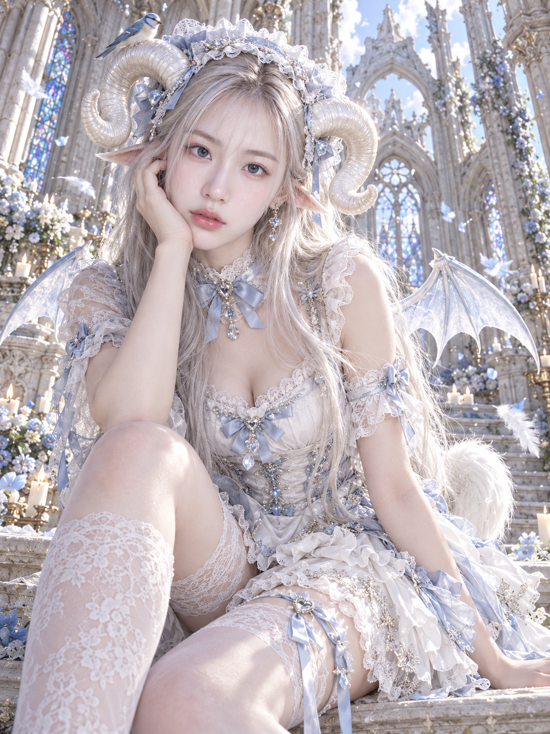 成年玛琳羊魔女仆与哥特教堂超写实幻想人像