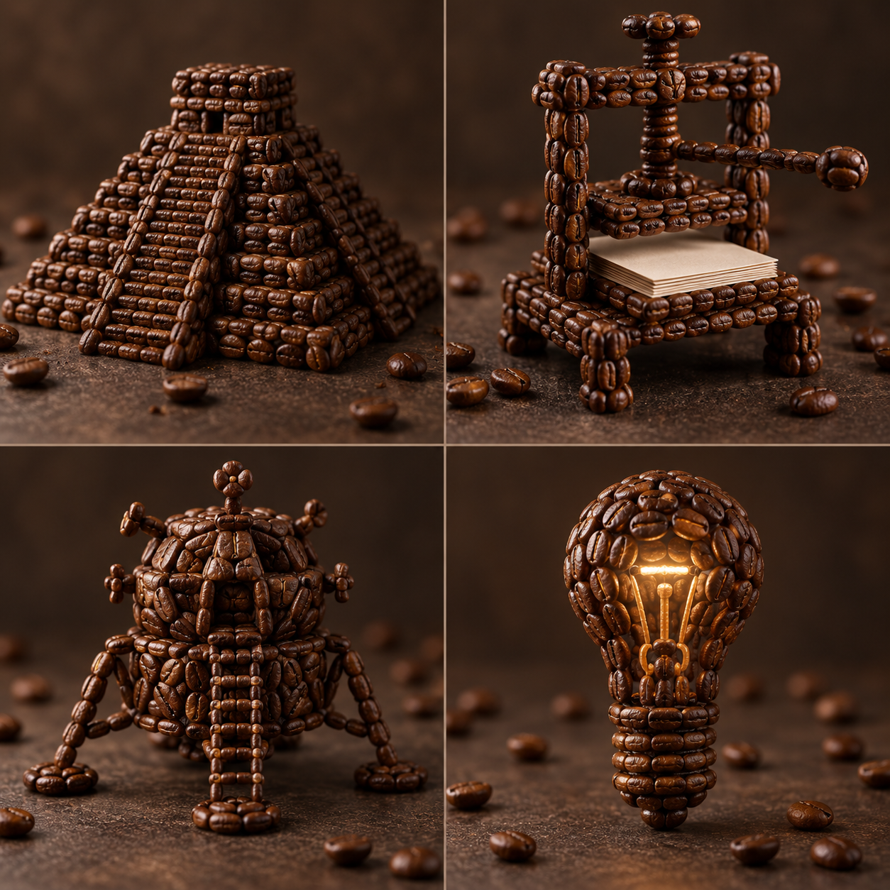 咖啡豆雕塑呈现四项历史成就 — AI image creation