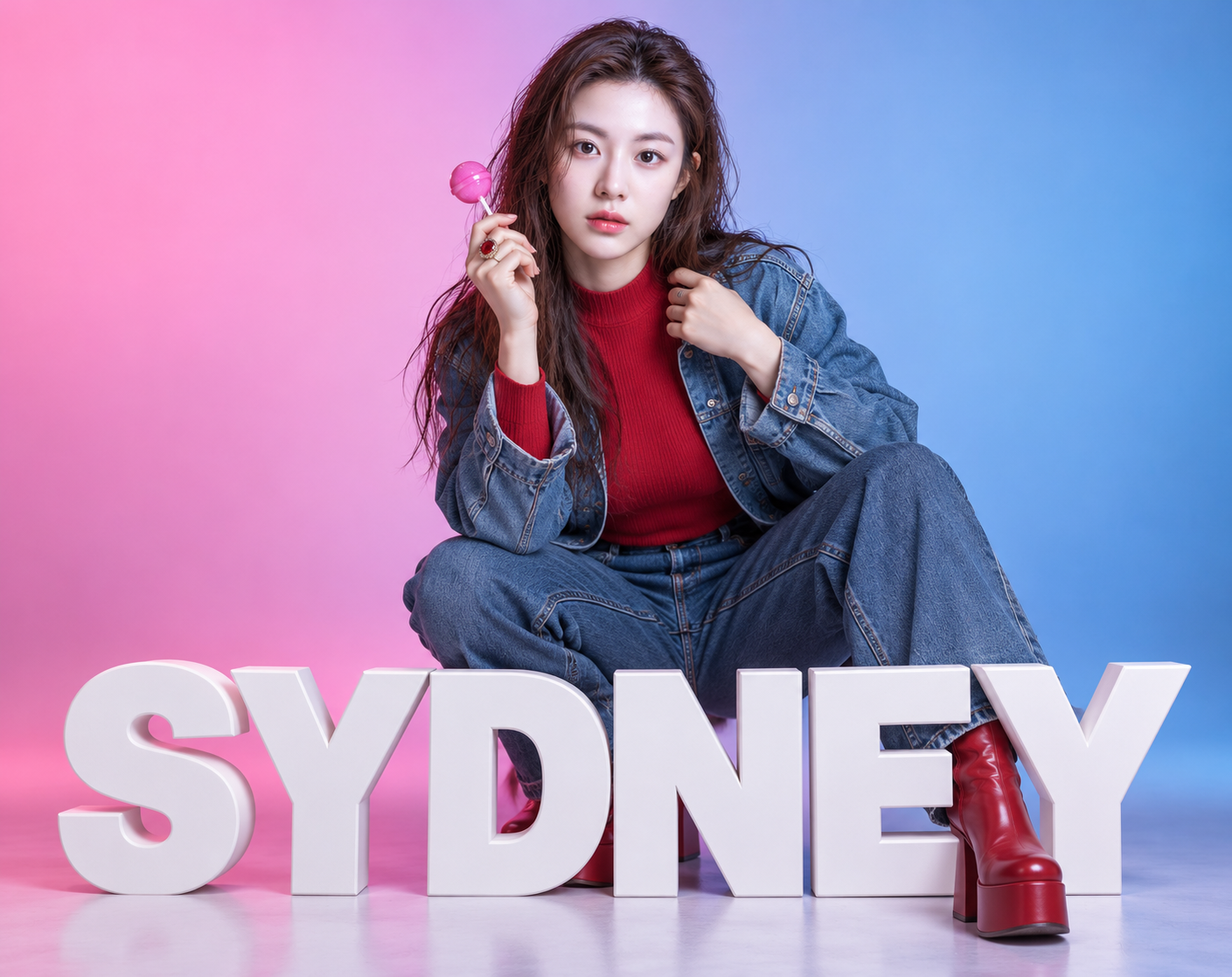 SYDNEY立体字前的粉蓝渐变时尚肖像 — AI image creation
