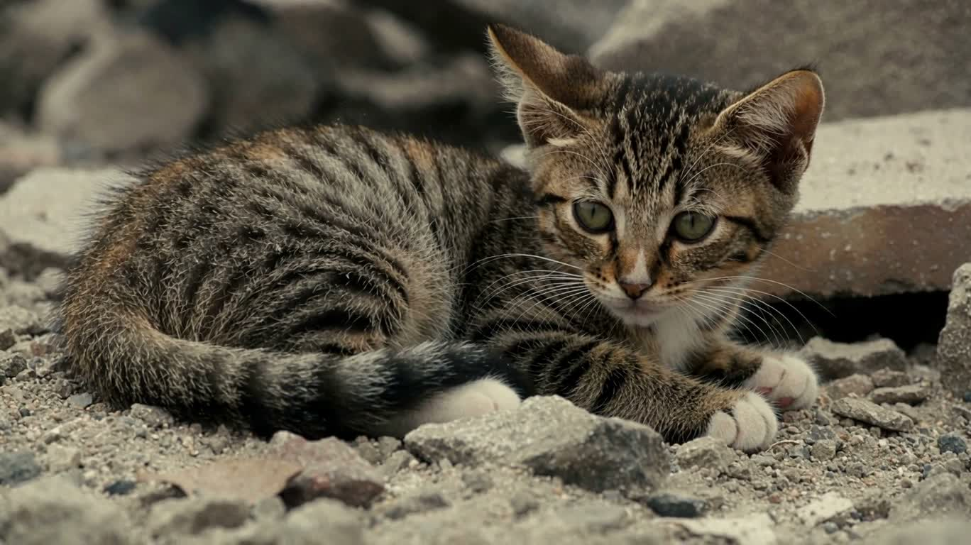 Свернувшийся котёнок на руинах — AI video creation