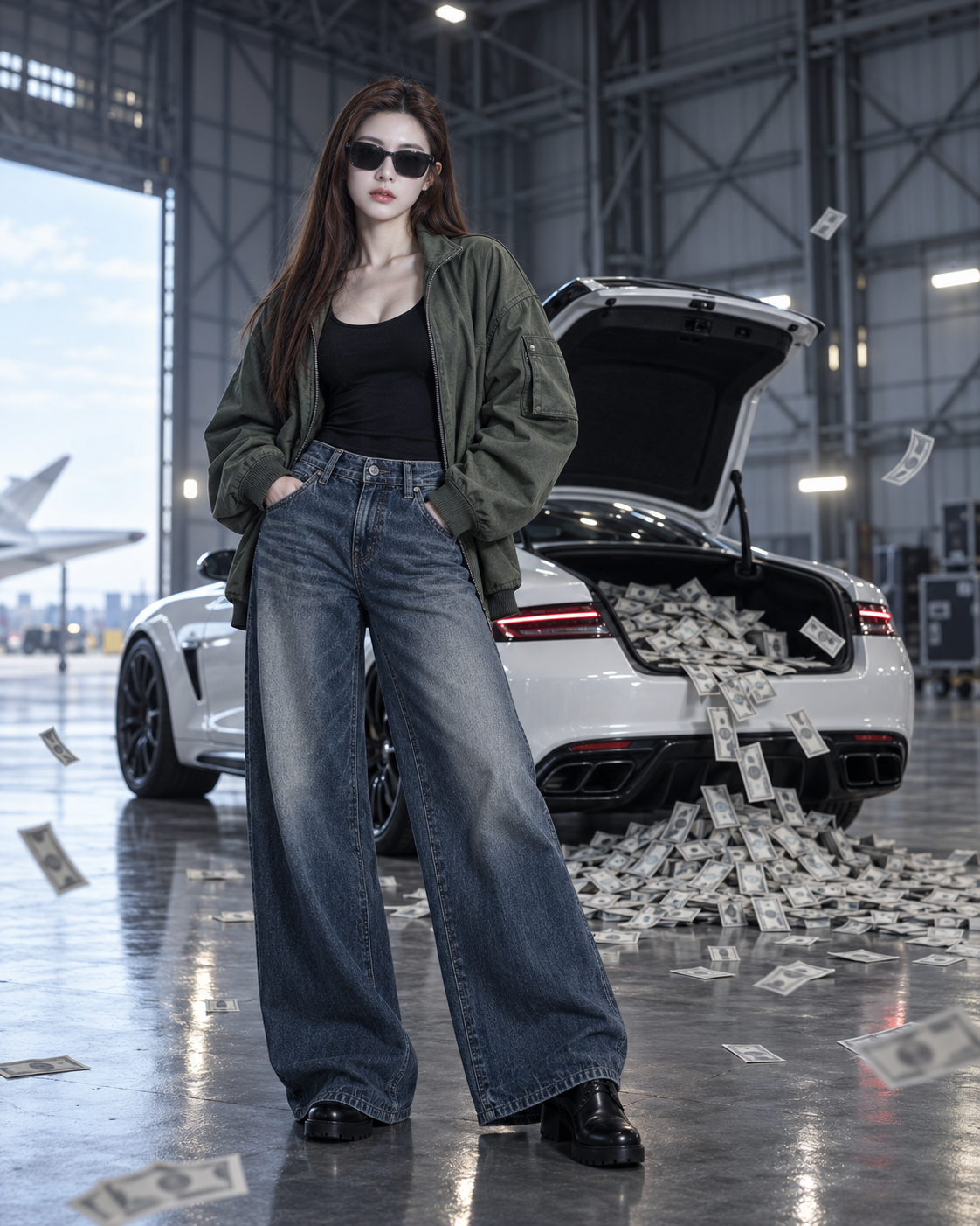 电影感机库与白色跑车时尚人像 — AI image creation