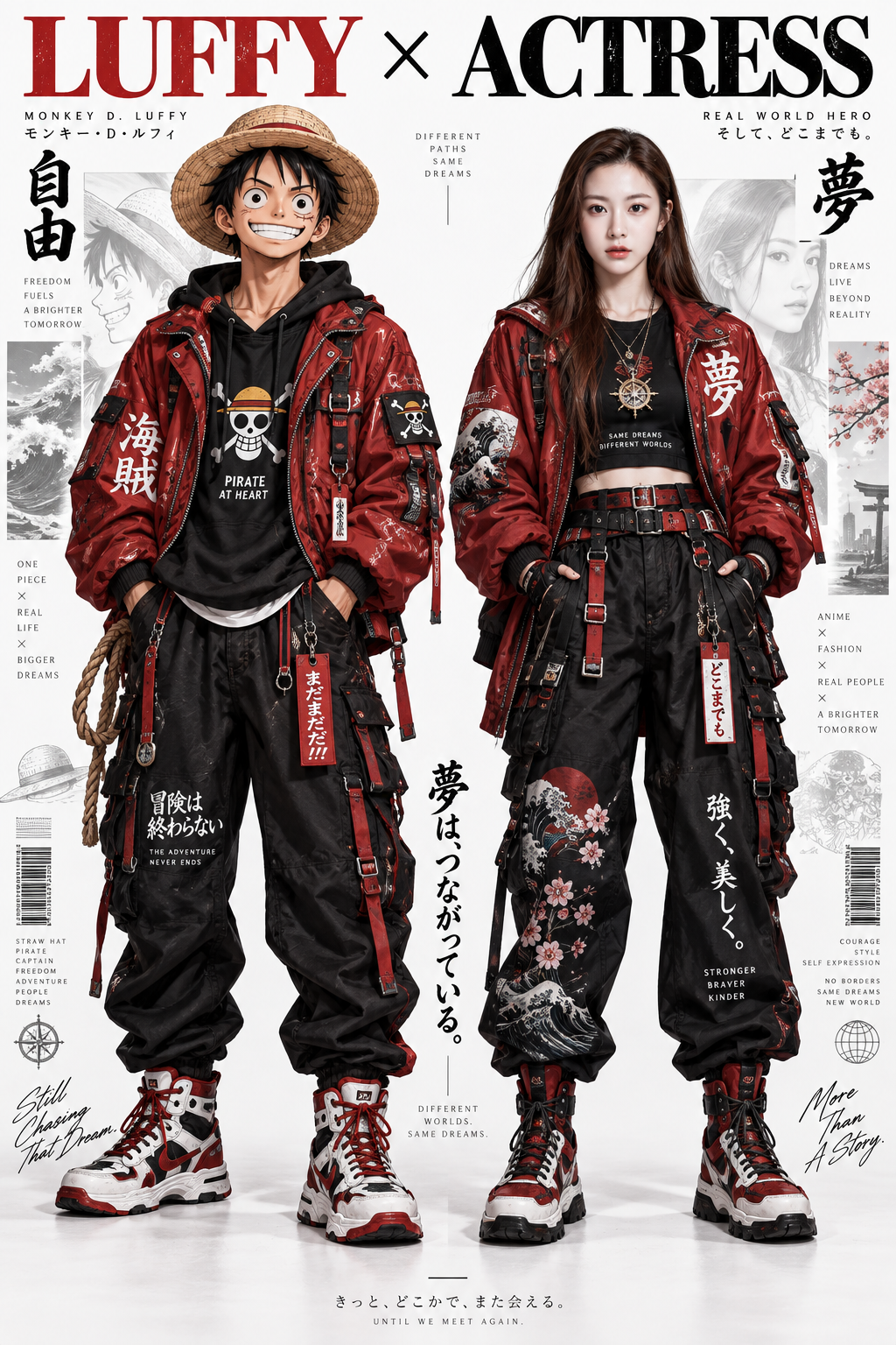 日系街头机能风动漫真人对比海报 — AI image creation