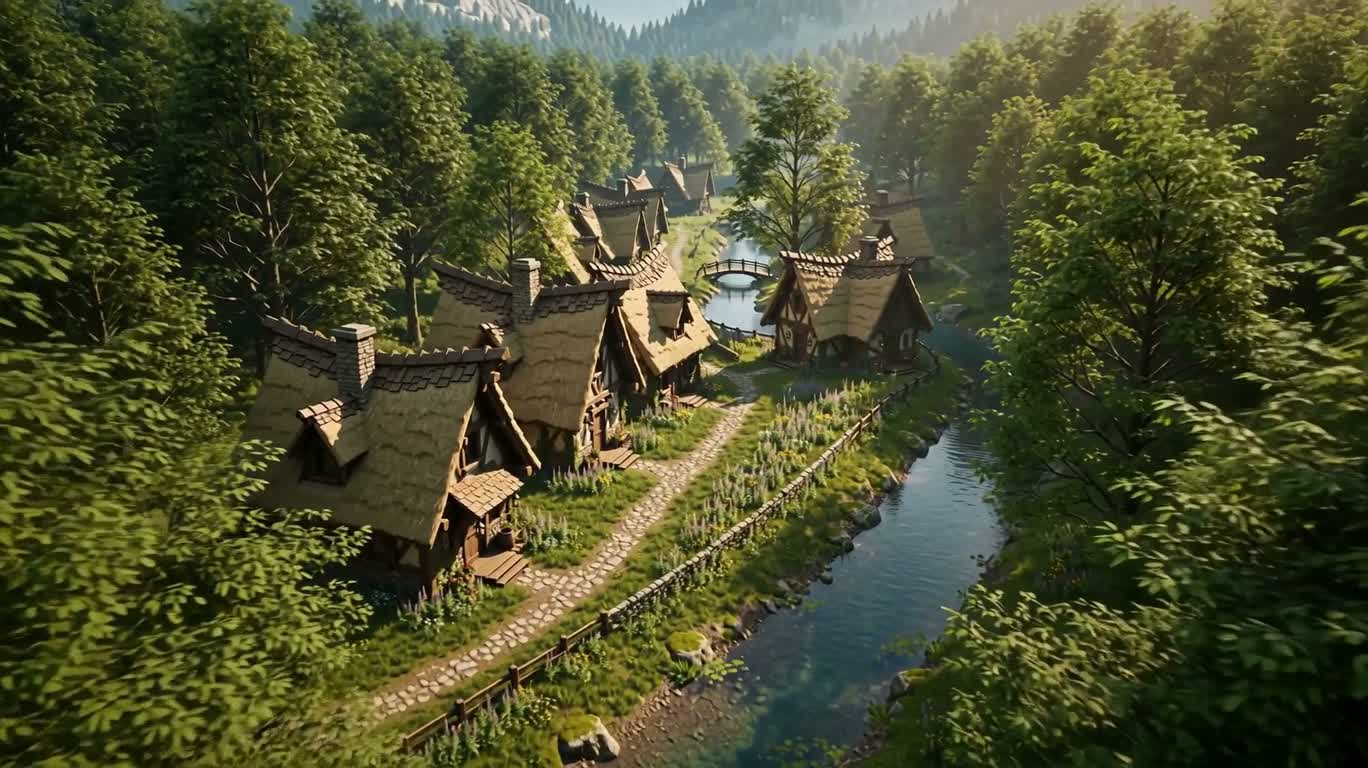 Village fantastique au bord de la rivière forestière — AI video creation