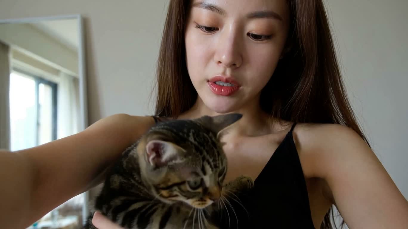 小猫爬上肩头的自拍时刻 — AI video creation