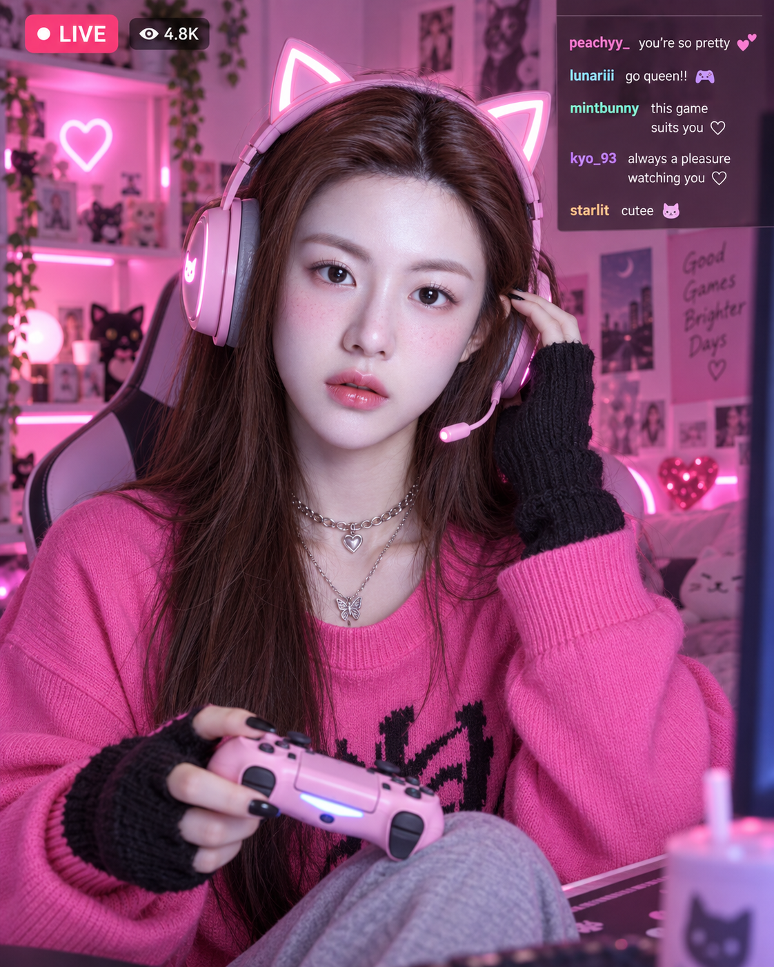 粉色霓虹电竞少女直播肖像 — AI image creation