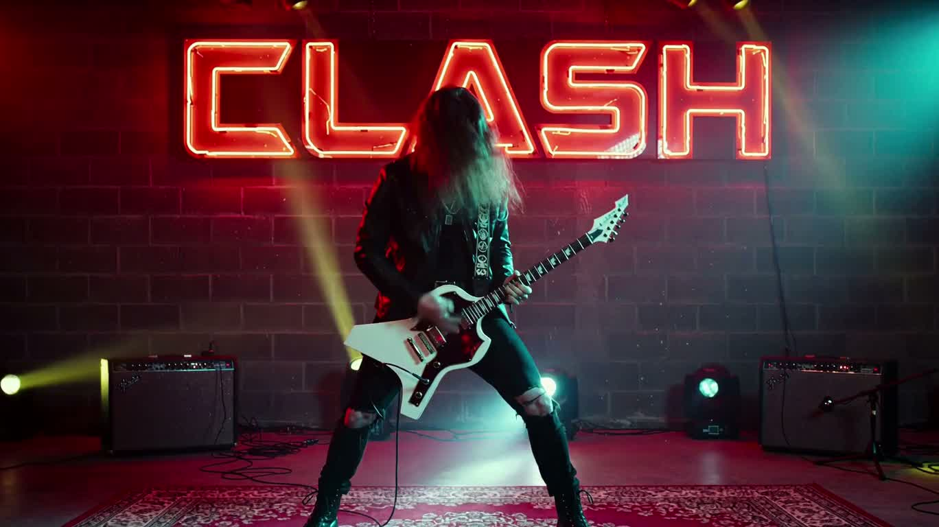 Metal Guitarist Before a Neon Wall — AI video creation
