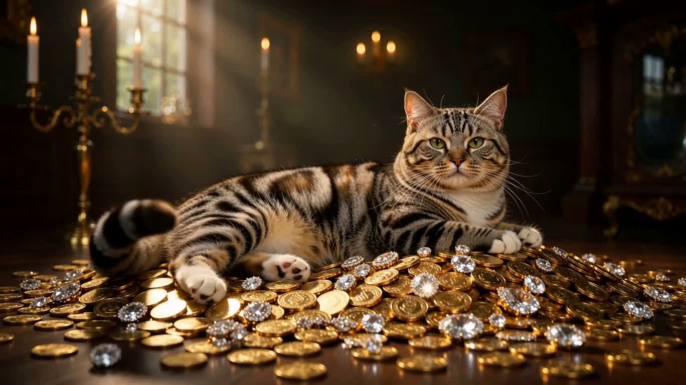 金の宝飾品の山の中の王家の猫 — AI video creation
