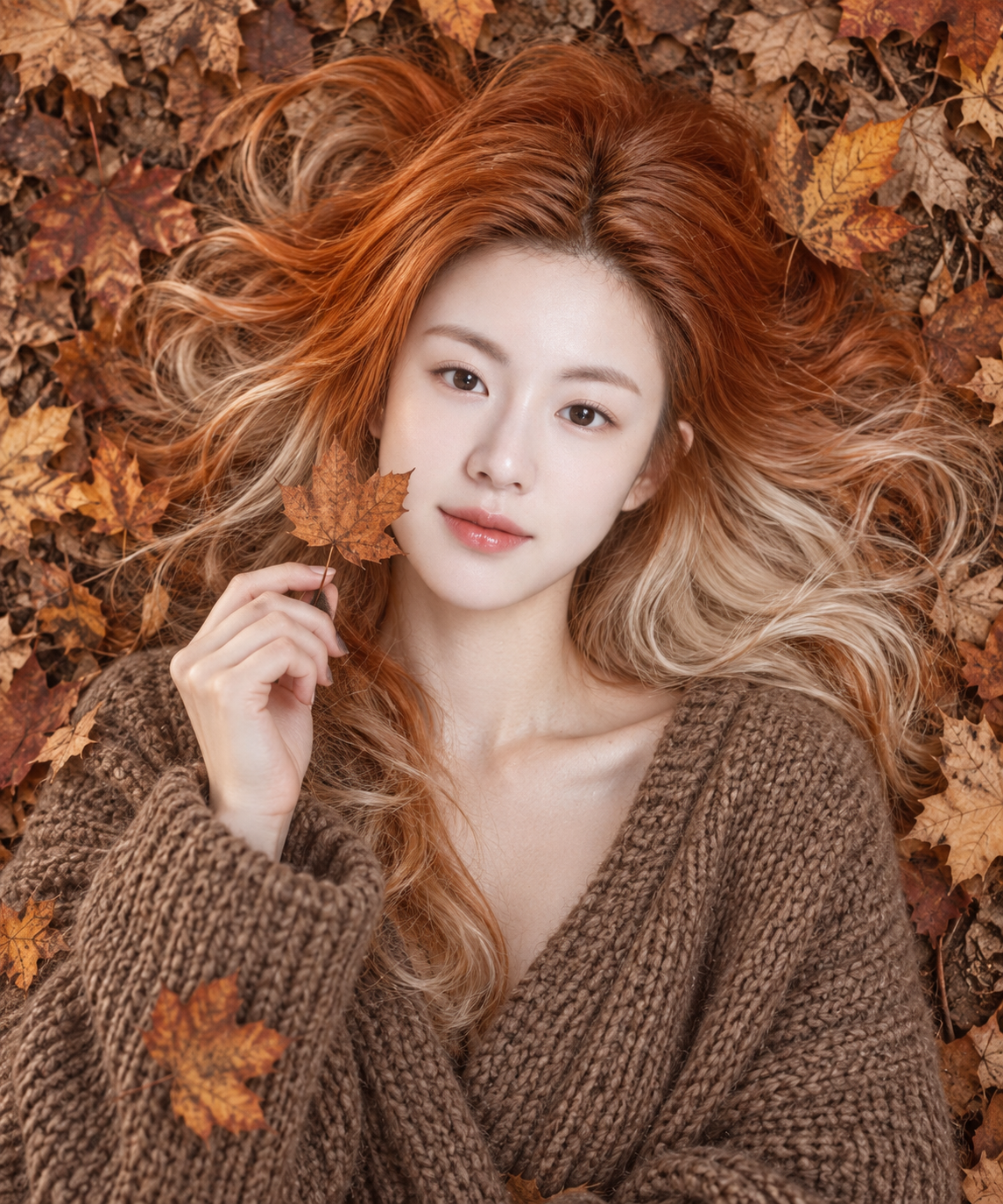 南瓜橙与铂金双色发的秋日俯视人像 — AI image creation