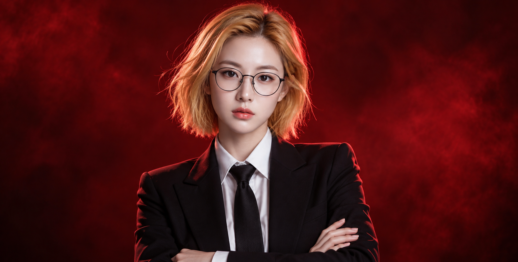 红黑氛围金发西装女性电影感肖像 — AI image creation