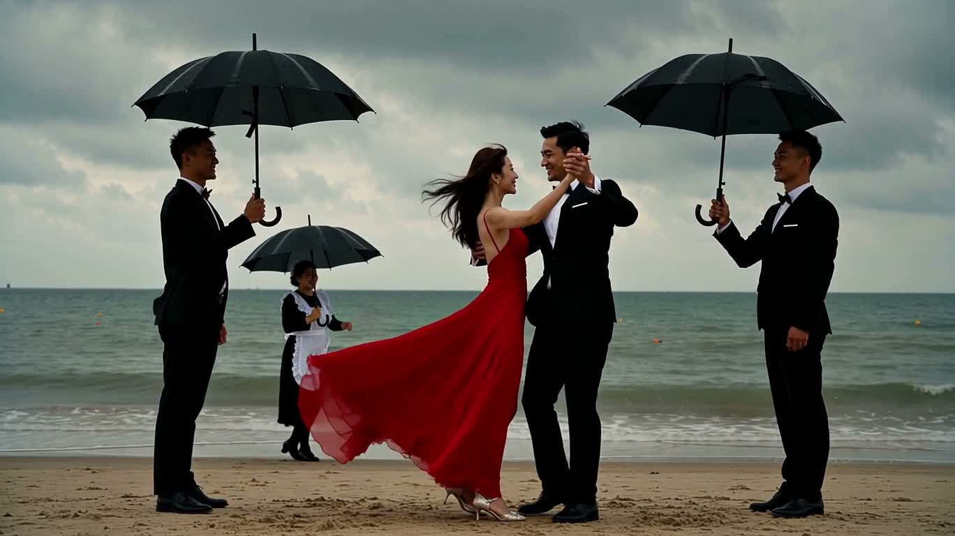 Beach Waltz Beneath the Sea Breeze and Rain Curtain