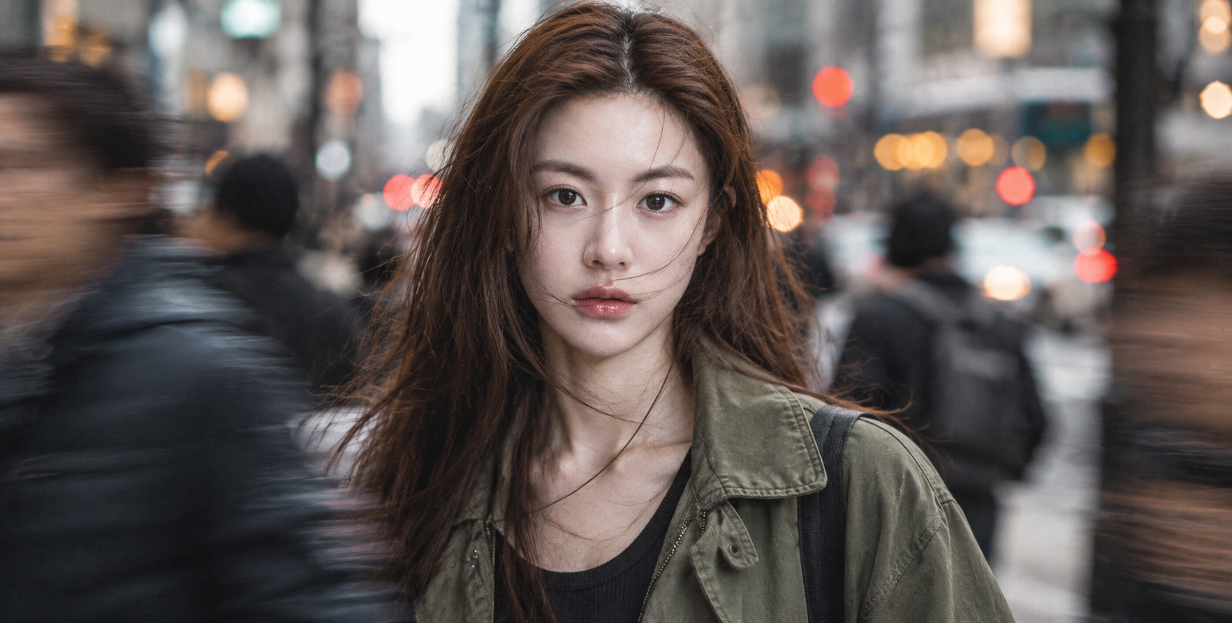 闹市虚影中的清冷凝视 — AI image creation