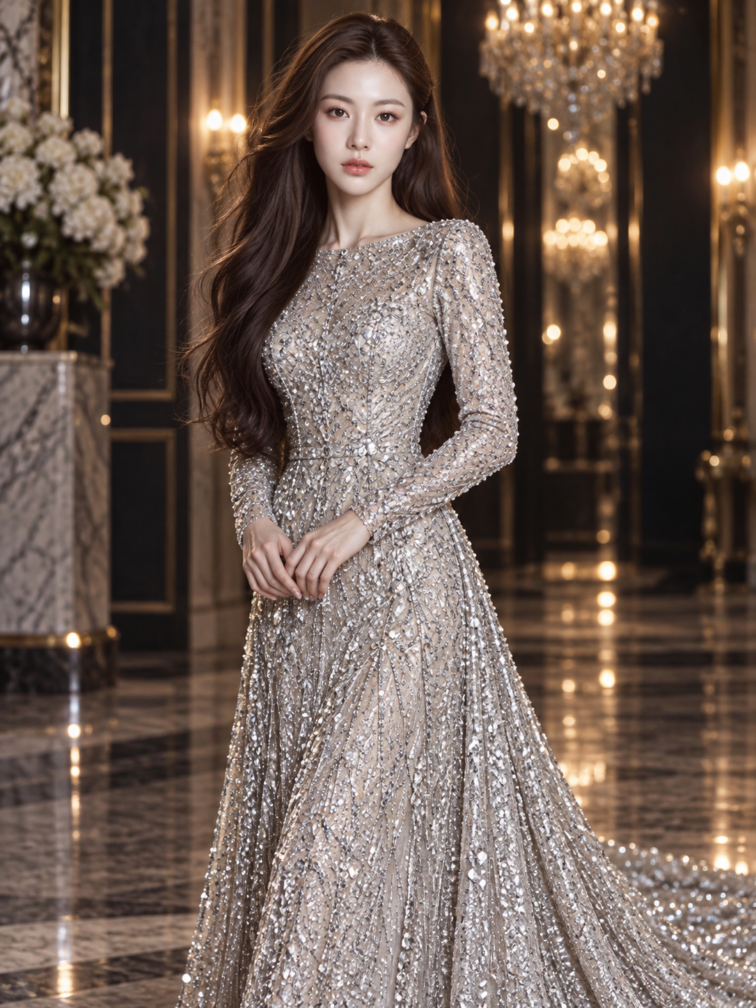 身着璀璨水晶高定礼服的奢华成人肖像 — AI image creation