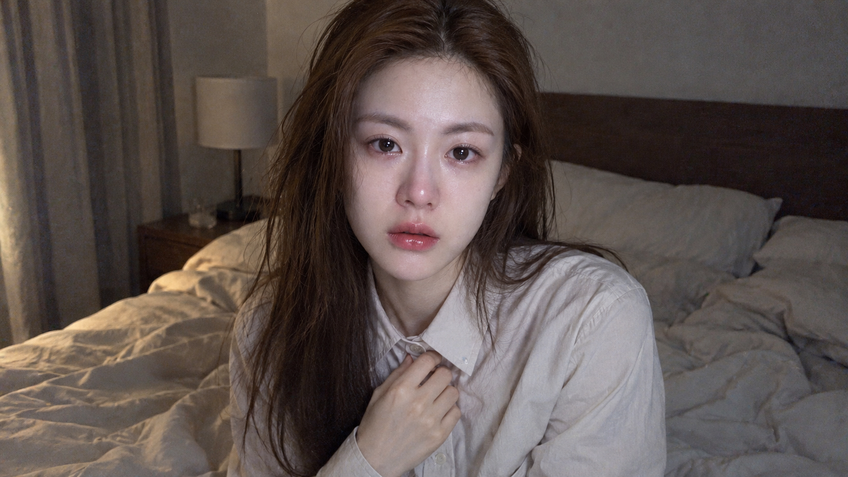 凌乱床铺上泪痕成年女性CCD抓拍