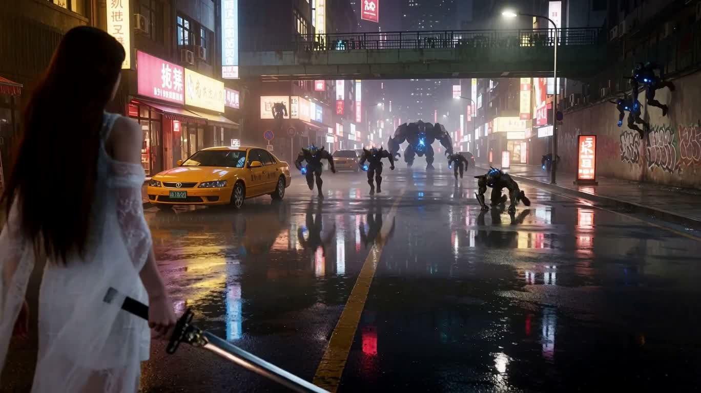 雨夜剑士横扫黑曜石魔导兵 — AI video creation