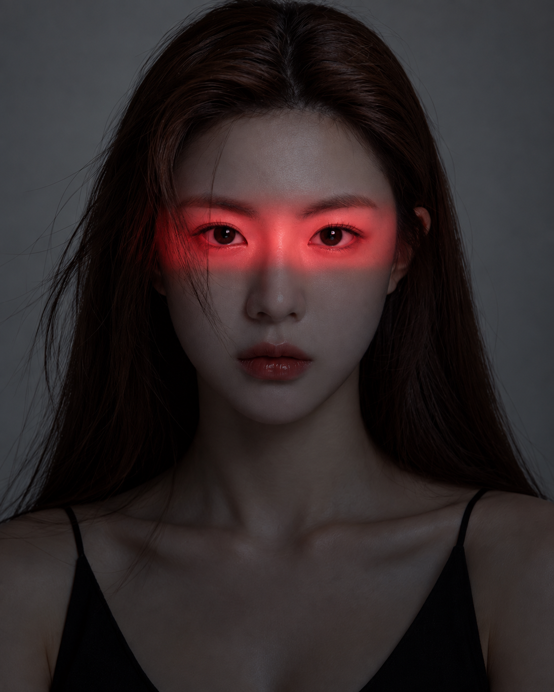 灰色影棚中红色横向光带成年女性肖像 — AI image creation