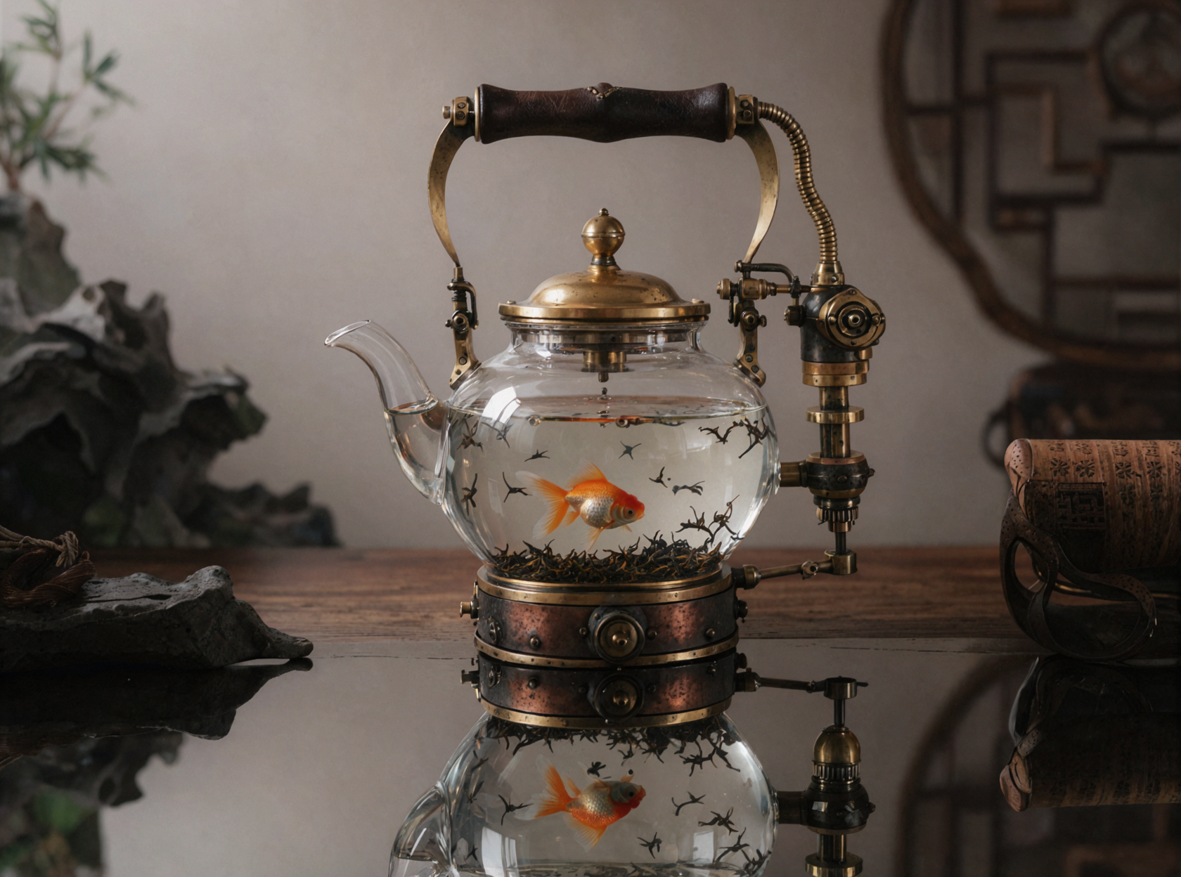 Théière en verre poisson rouge · Steampunk — AI image creation