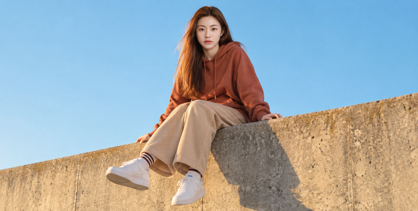青蓝天空与暖阳下的成年女性街头肖像 — AI image creation