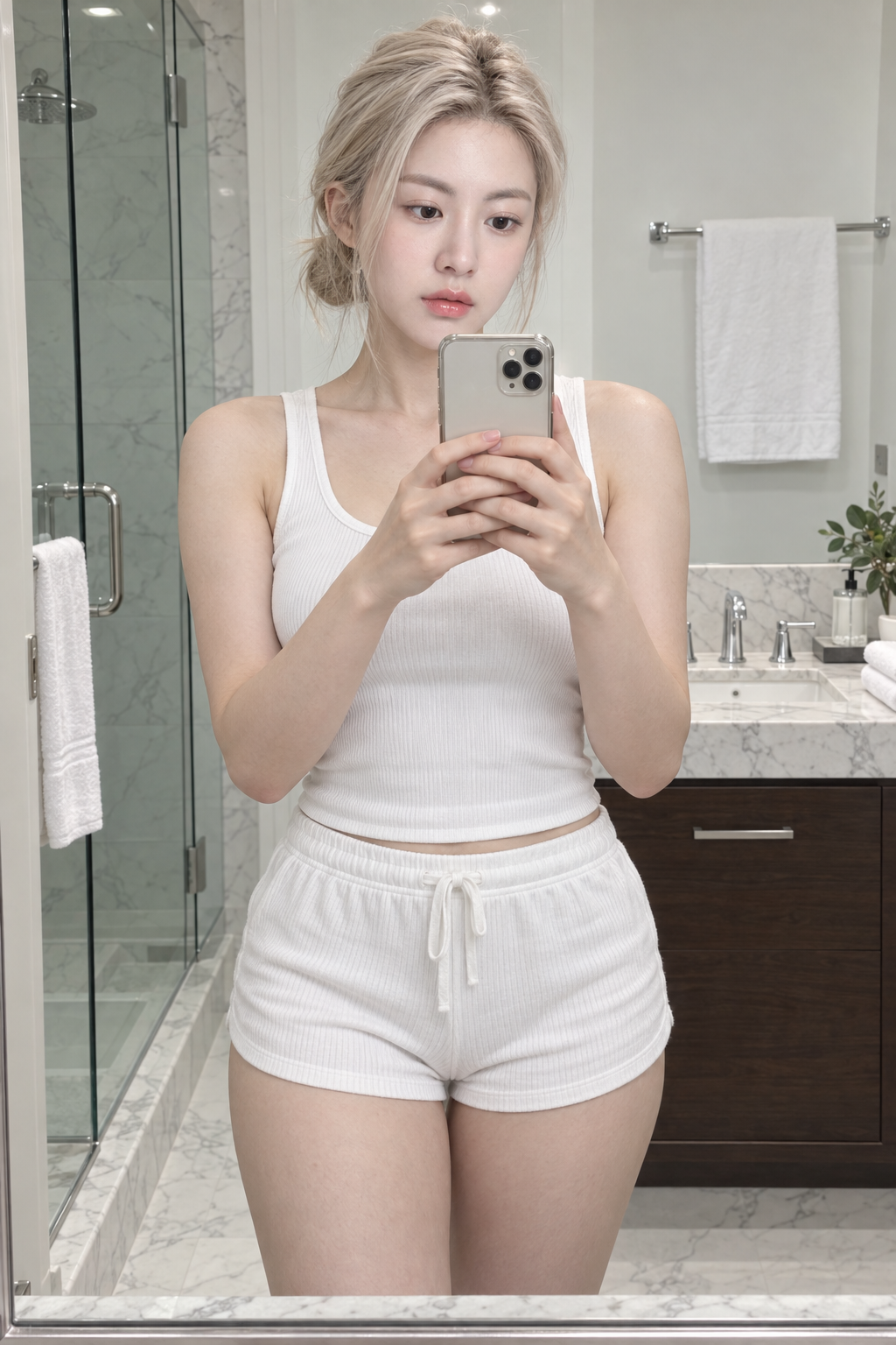 밝은 욕실 거울 셀카