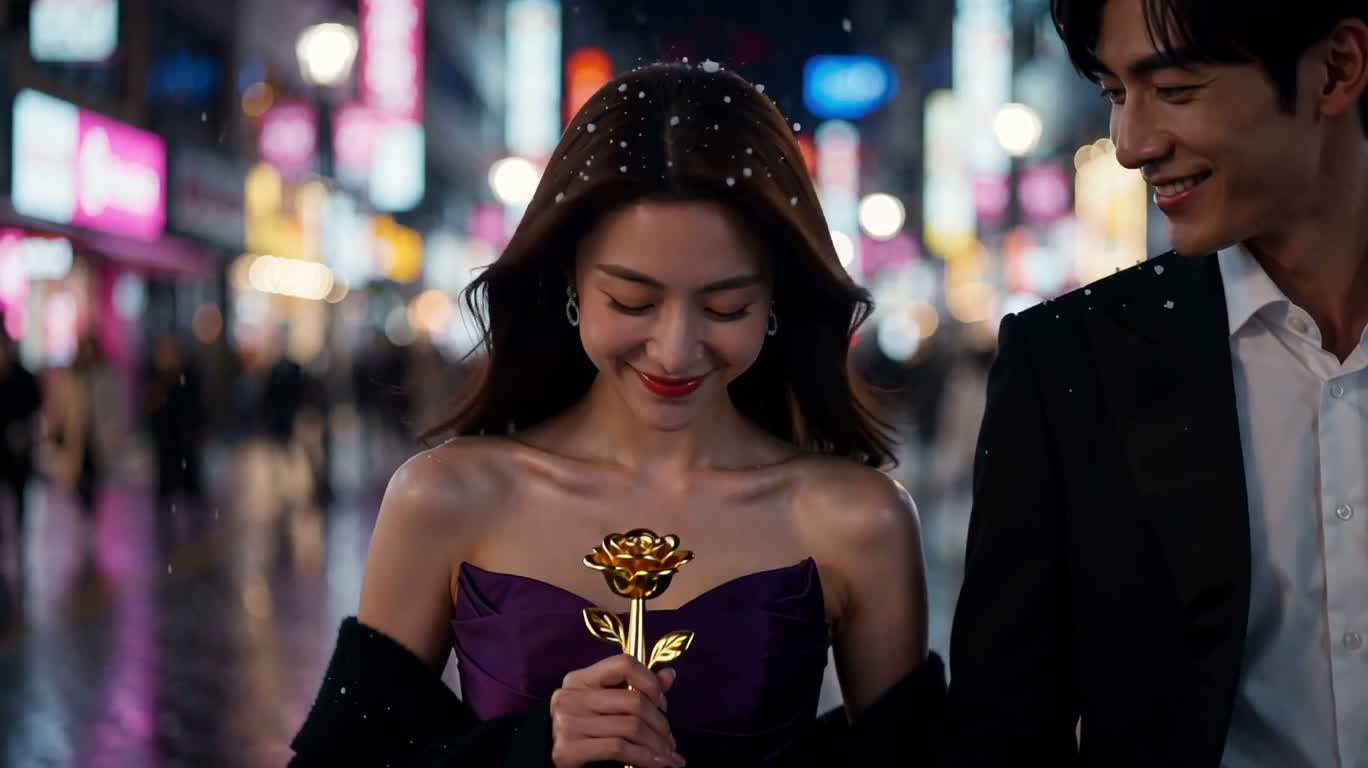 霓虹雪夜的玫瑰之吻