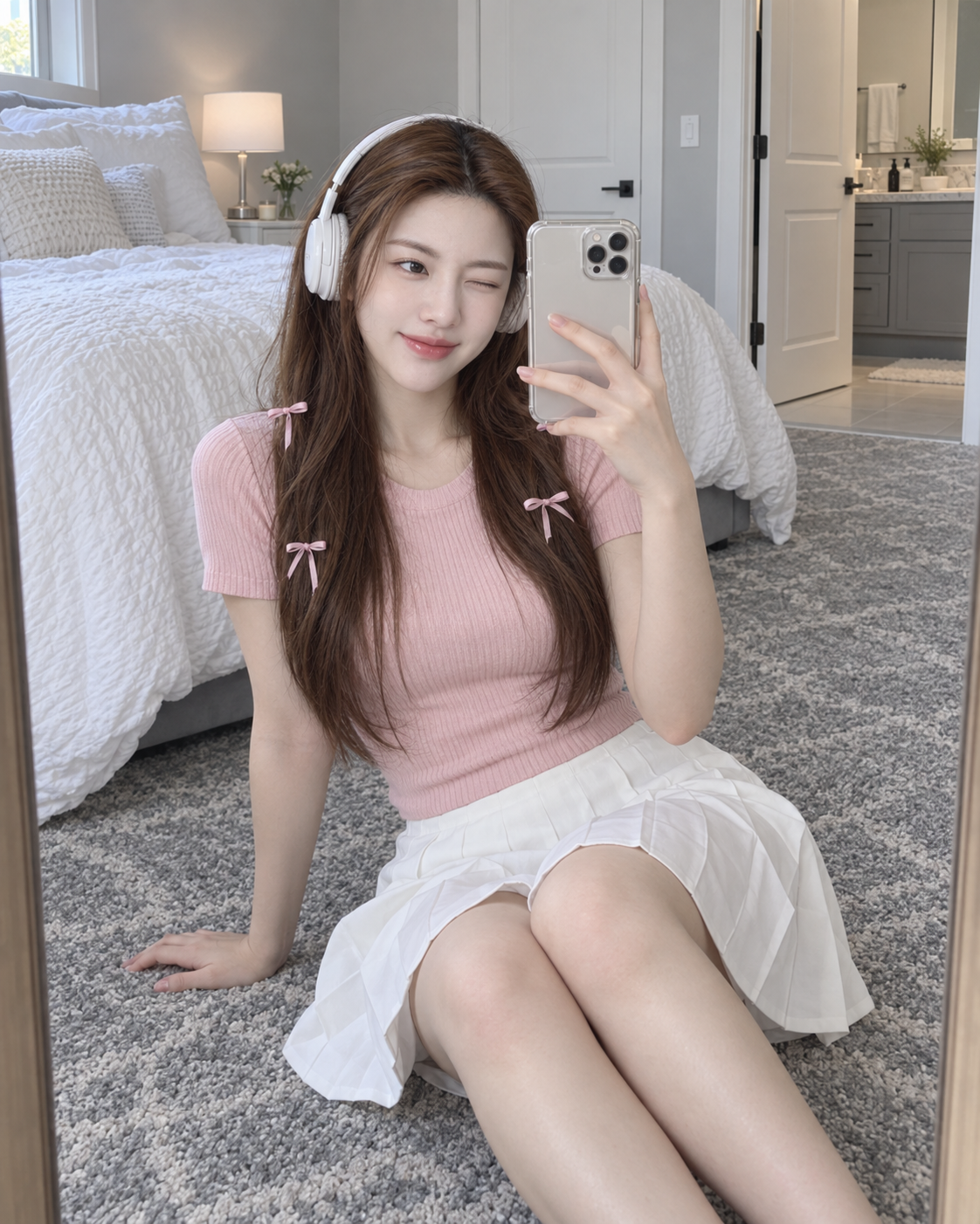 粉色发饰成年女性卧室镜自拍 — AI image creation