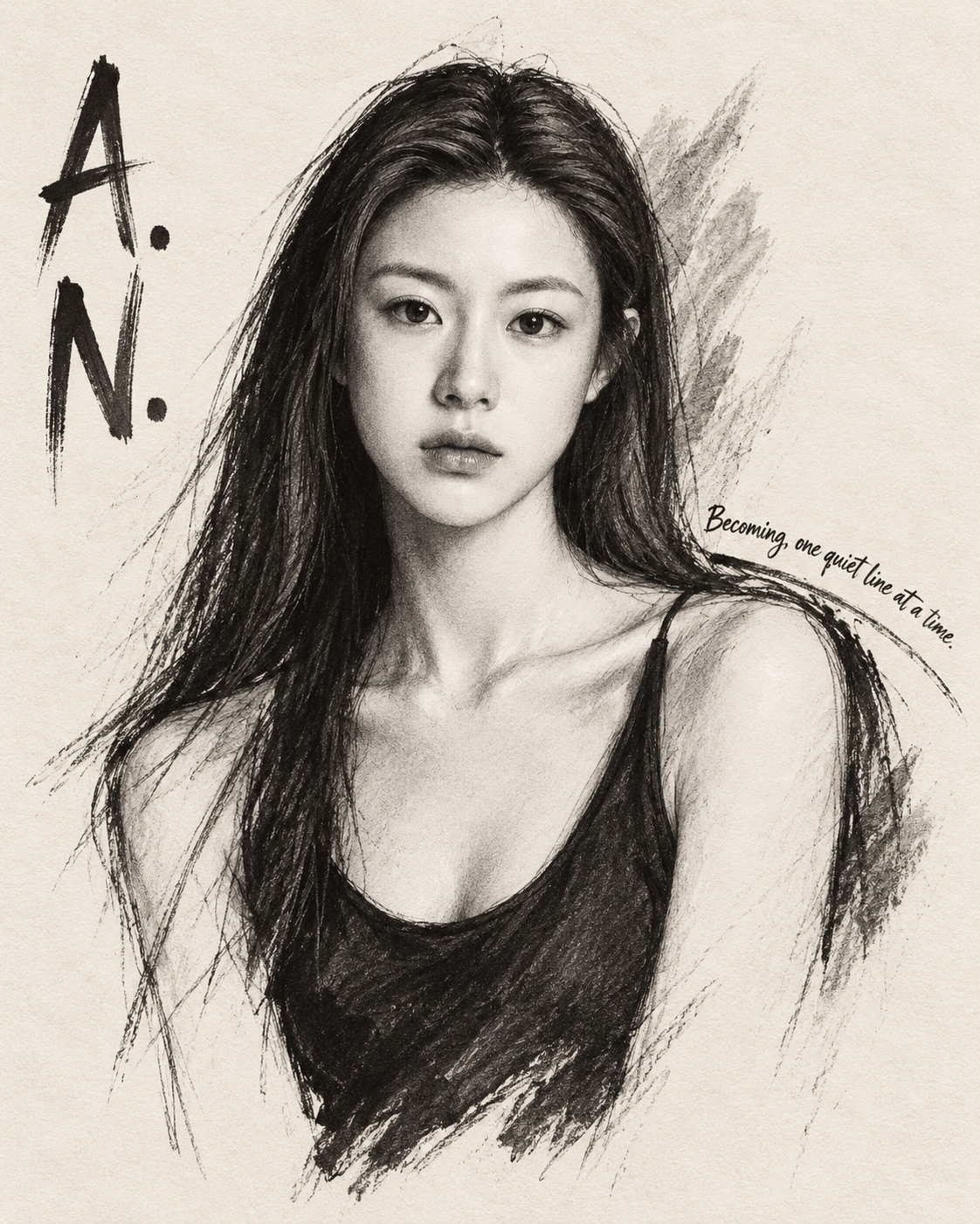 表现主义炭墨线条与文字交织的成人肖像 — AI image creation