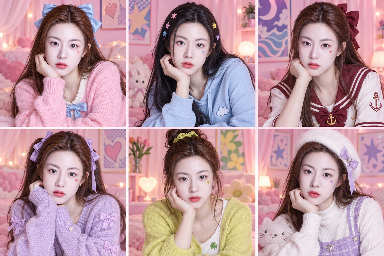 粉彩动漫氛围成年女性六格造型设定 — AI image creation