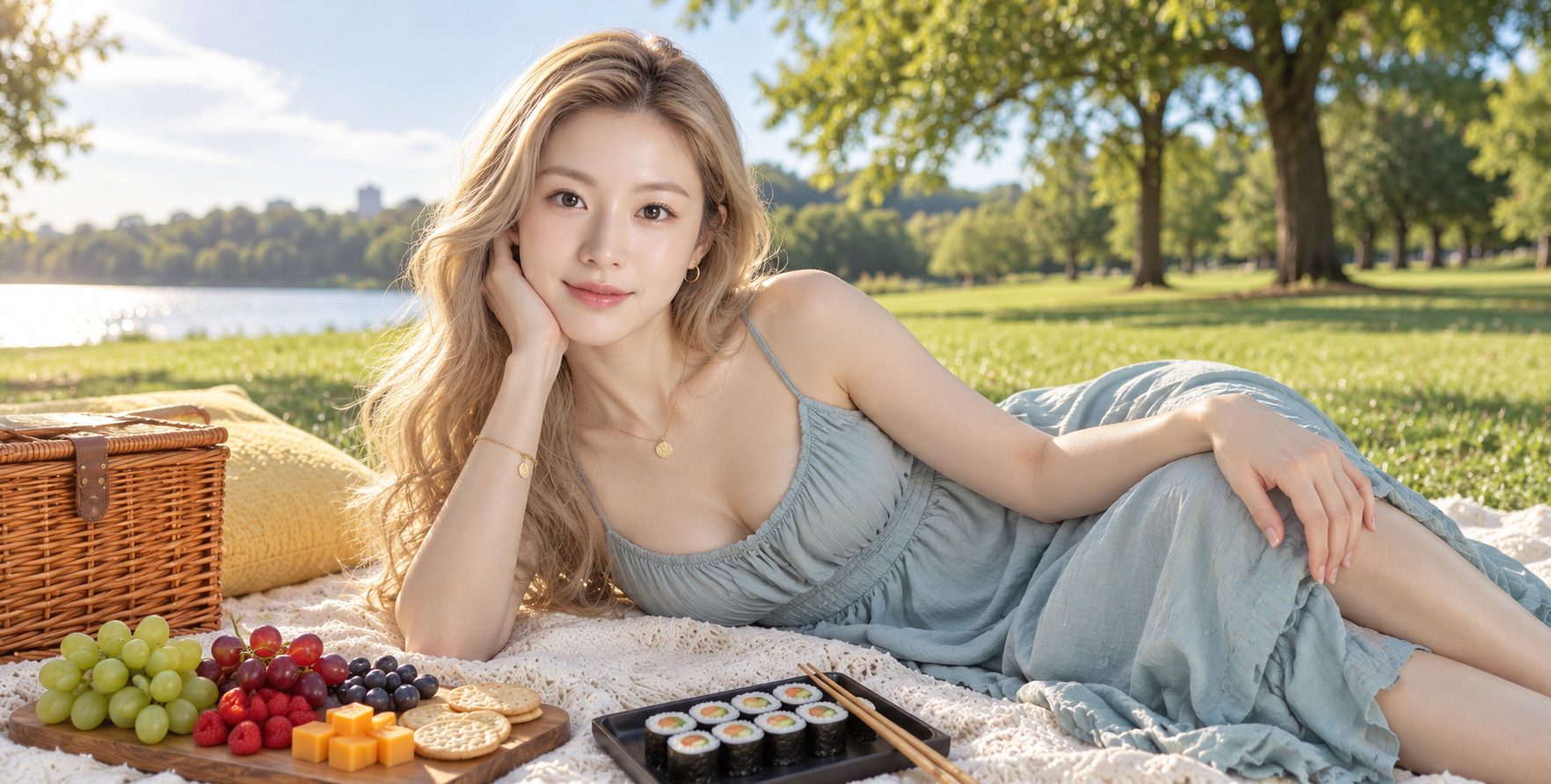 阳光下的成年女性野餐肖像 — AI image creation
