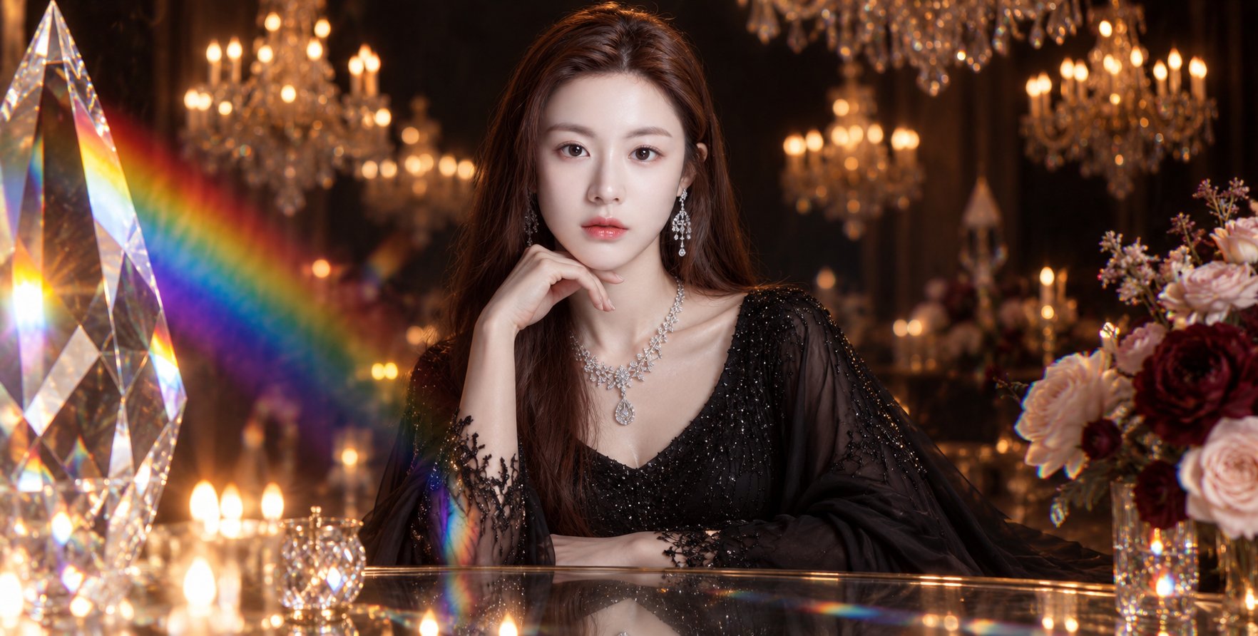 水晶棱镜与烛光交织的华丽宴会肖像 — AI image creation