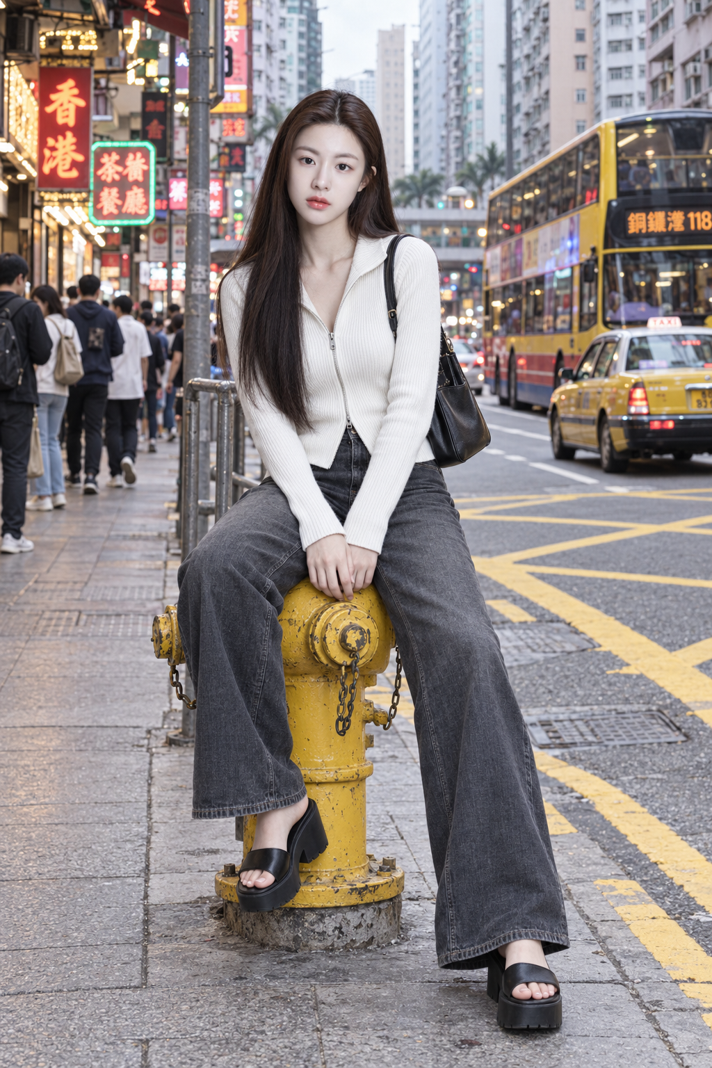 香港街头消防栓旁的成年时尚肖像