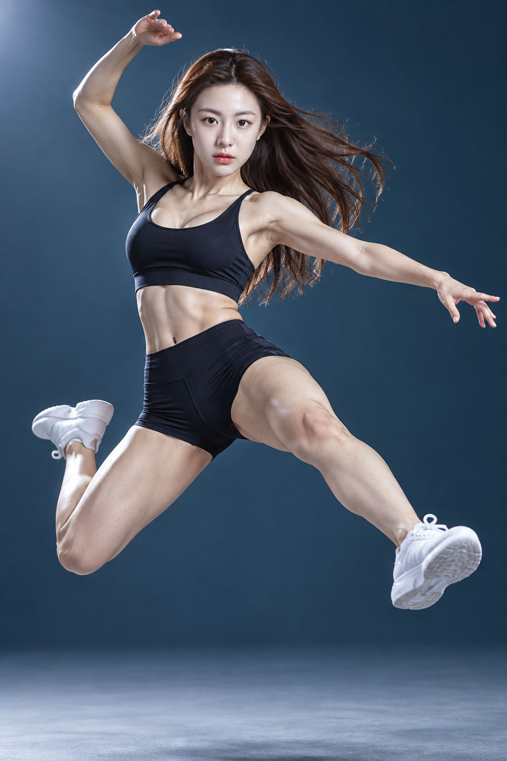 凝固瞬间的爆发力，电影级运动女神空中腾跃 — AI image creation