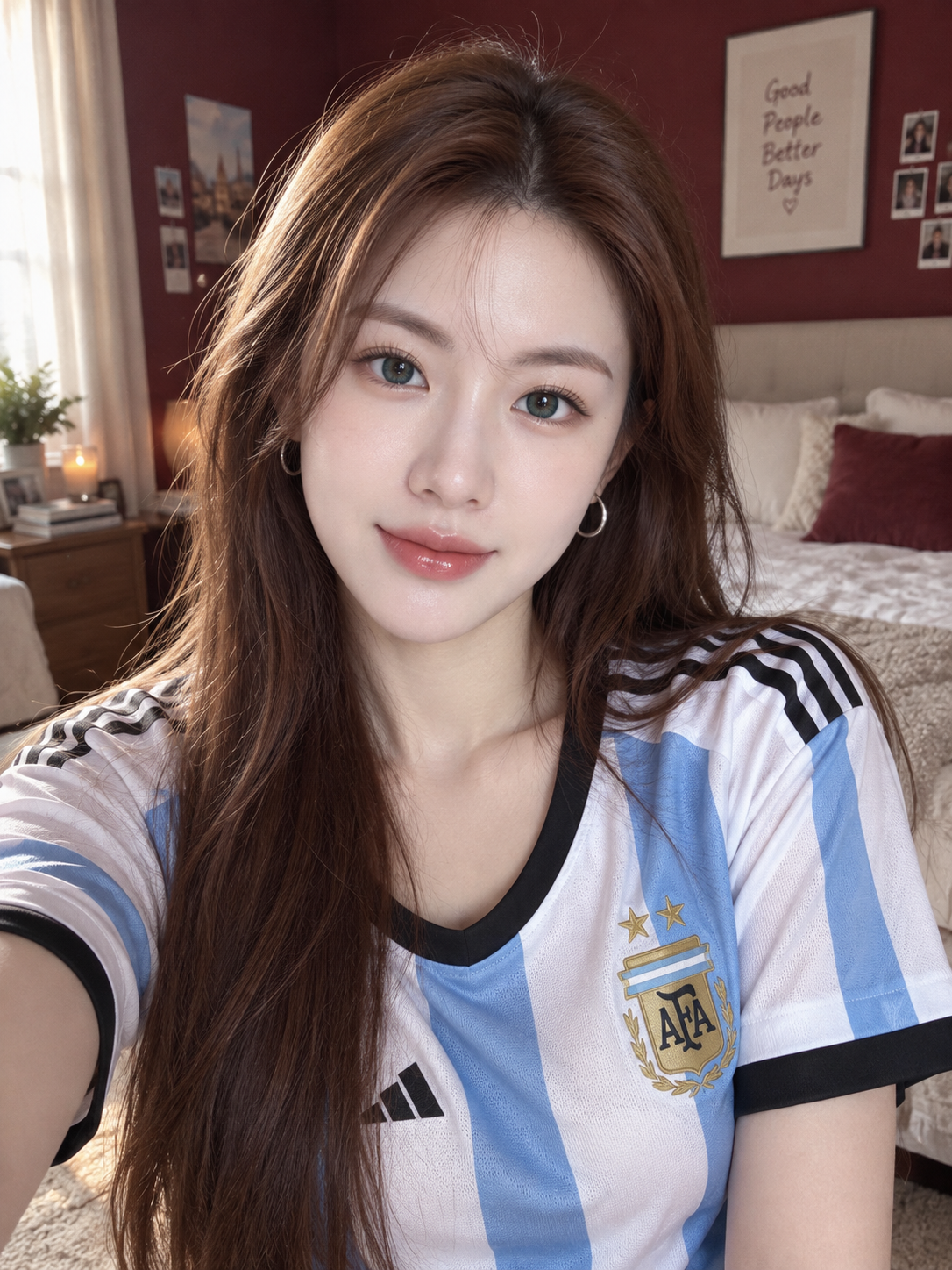 穿着阿根廷球衣的卧室清新自拍美女 — AI image creation