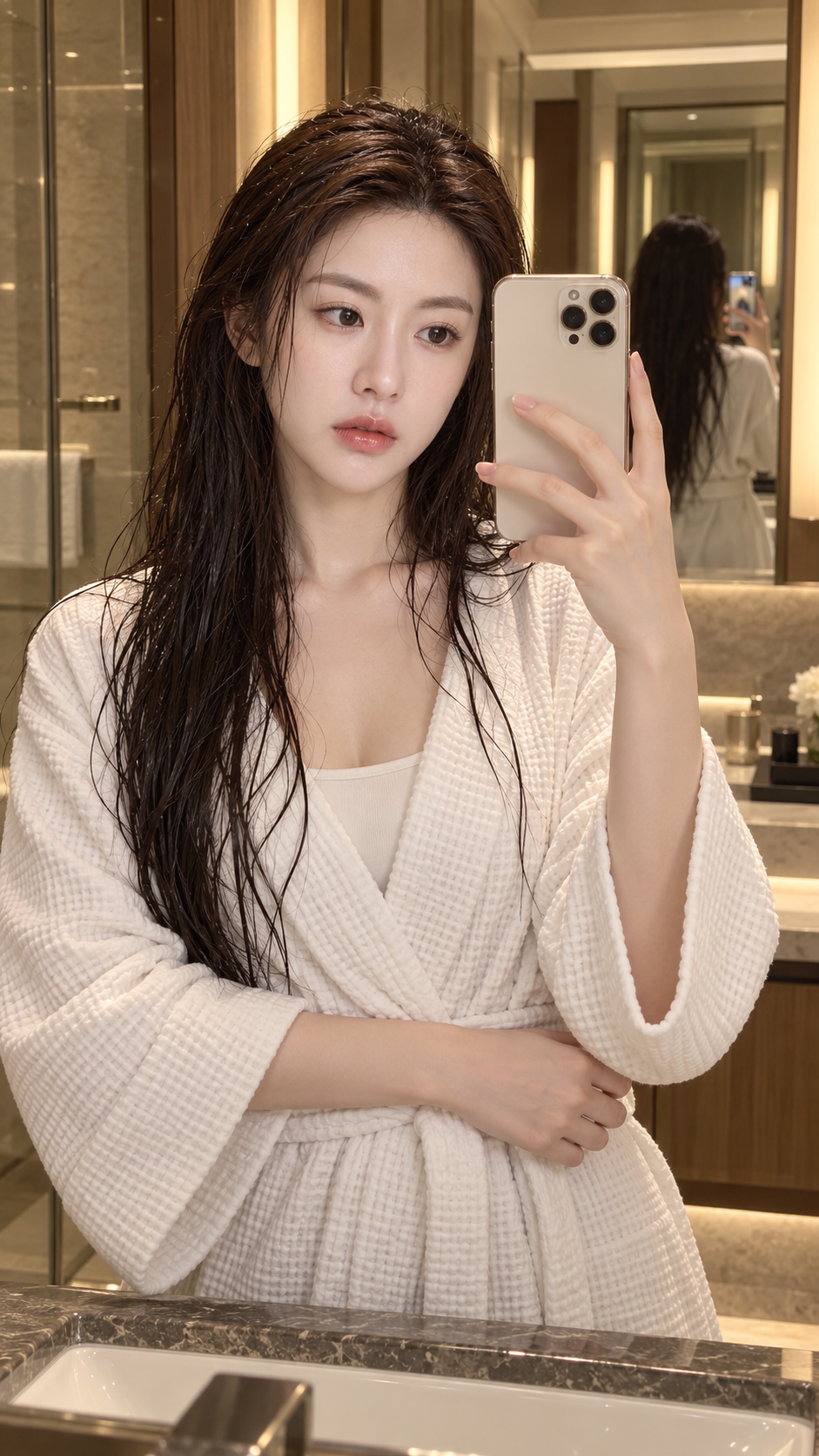 Wet-Hair Mirror Selfie in a Warm-Lit Bathroom